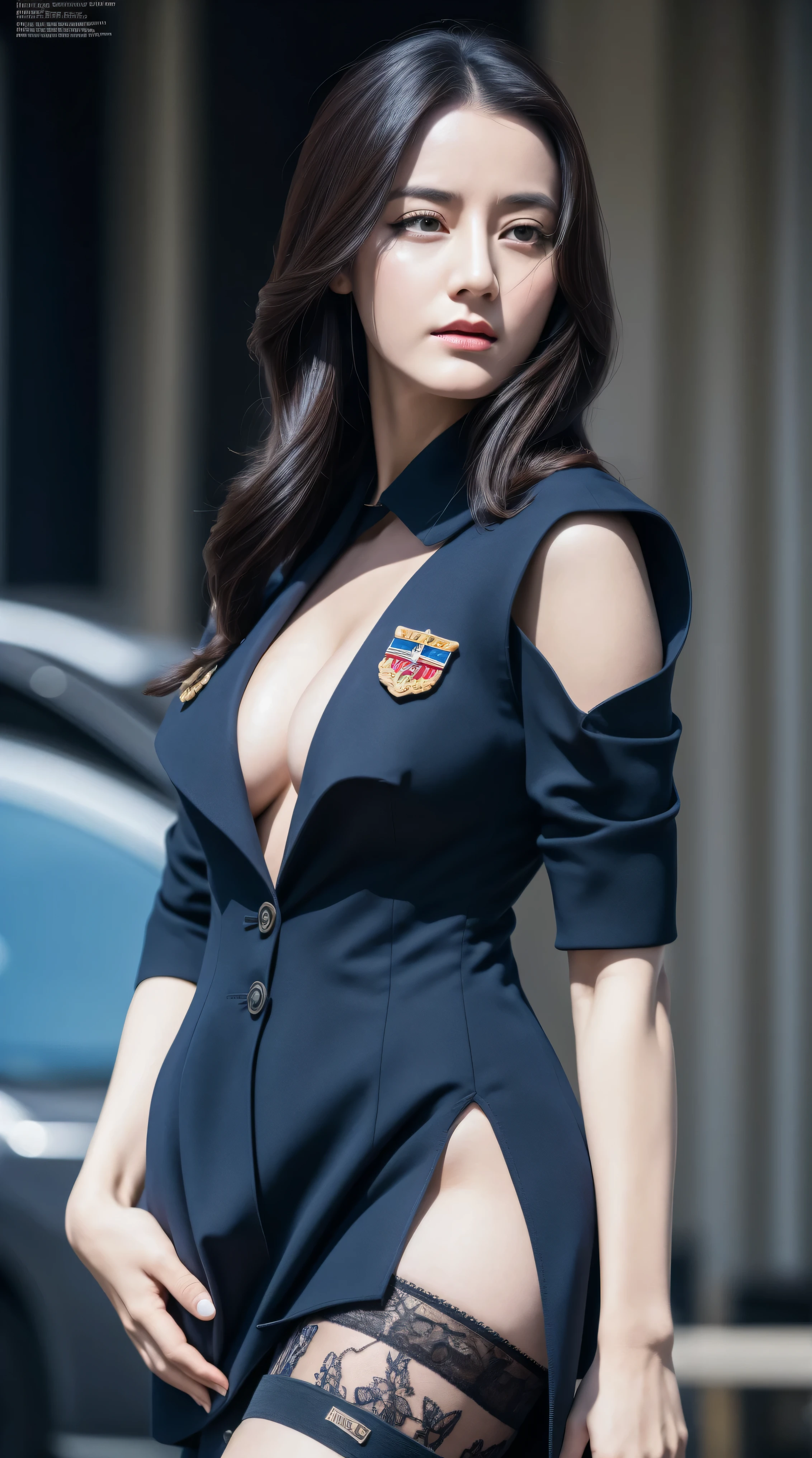 Thigh garter, Full body shot, sad, deep cleavage , kglamour_magv2, race_queen dressed in navy blue retro Prosecutor uniform, (steampunk background:.4), masterpiece, breathtaking, dramatic composition, ultra realistic, 100mm, Fujifilm XT3, Canon50 DSLR, sharp focus, hyperrealism, highly detailed, crisp edges