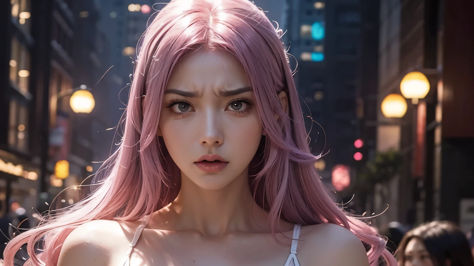 A angry mommy with long light pink soft purple hair, perfect big booba , good quality, detailed beauty face, angry face