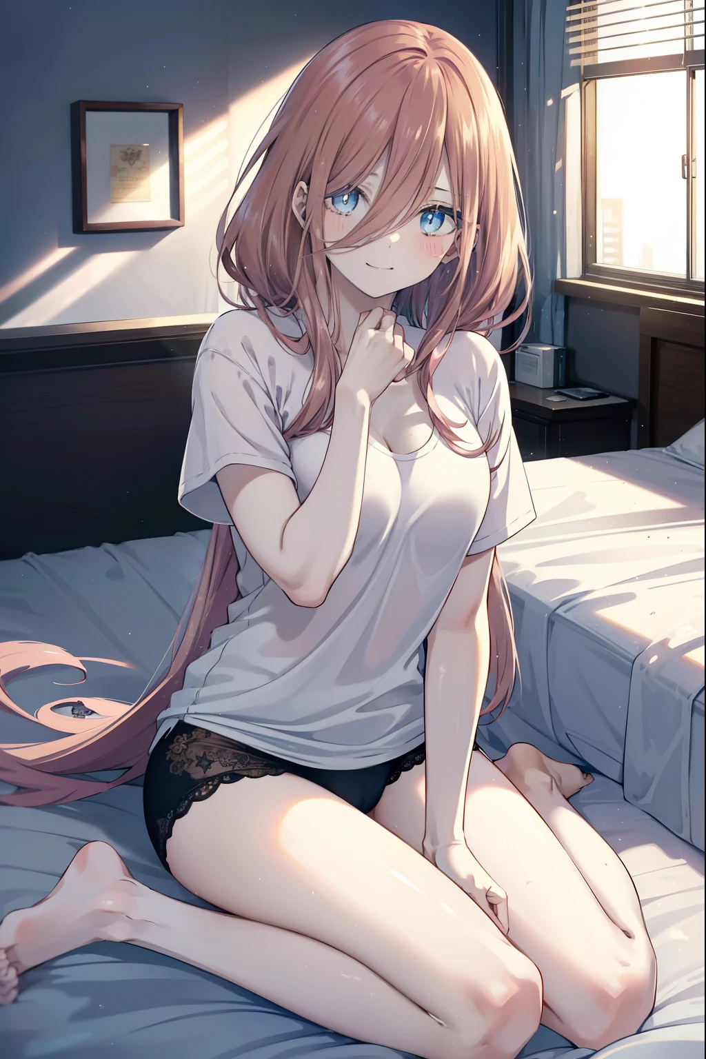 miku nakano, Nakano Miku Ticket III, long hair, bangs, blue eyes, brown hair, hair between eyes, wake up,sleepy,slightly open t-shirt,black string underwear,barefoot,smile,Bedroom,light goes out, covered with a blanket, windows,ロマンチックなmorning日,morning,extreme light,sitting on the bed,
break indoors, Bedroom,
break (masterpiece:1.2), highest quality, High resolution, unity 8k wallpaper, (shape:0.8), (beautiful and detailed eyes:1.6), highly detailed face, perfect lighting, Very detailed CG, (perfect hands, perfect anatomy),