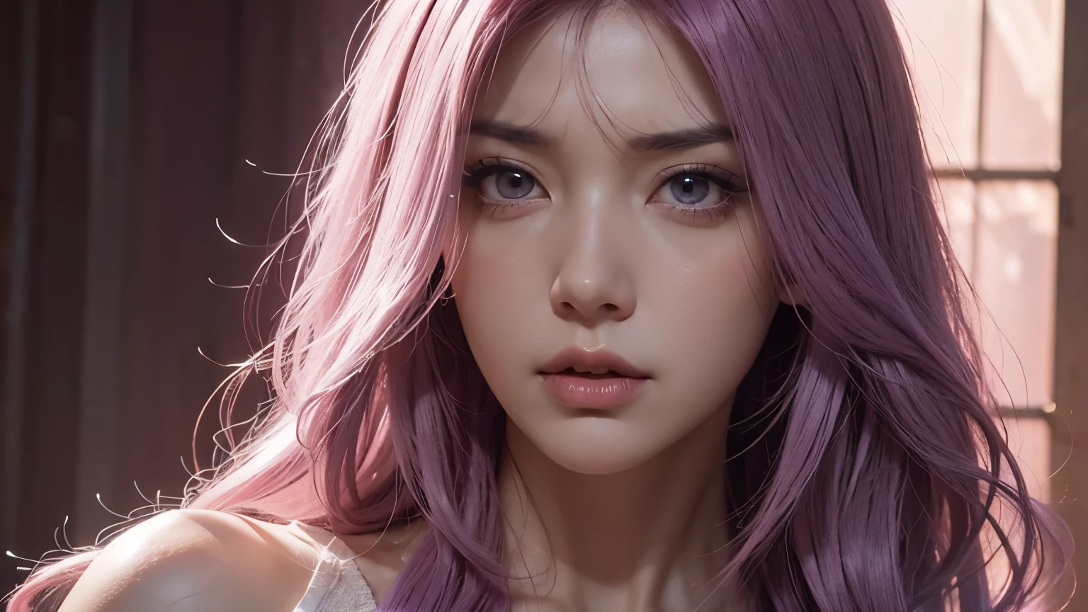 A angry mommy with long light pink soft purple hair, perfect big booba , good quality, detailed beauty face, angry face
