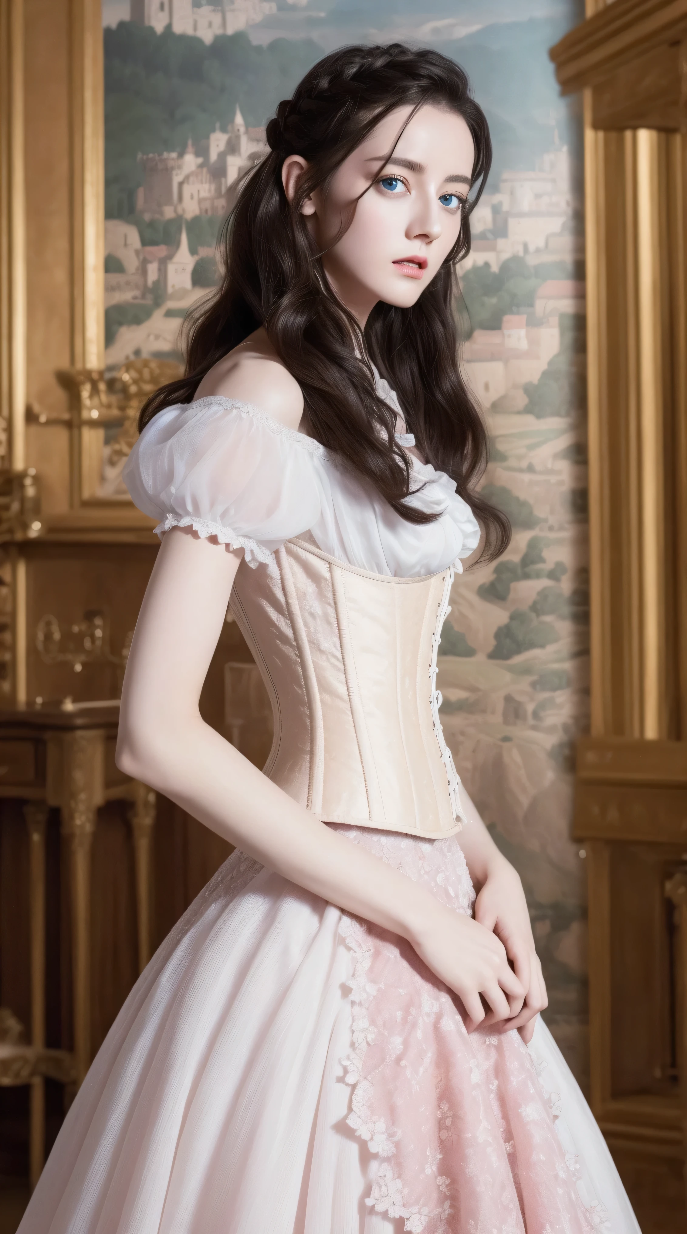 Masterpiece, perfect long legs, corset, large pink and white Victorian dress, wavy black hair, blue eyes, inside a castle, standing