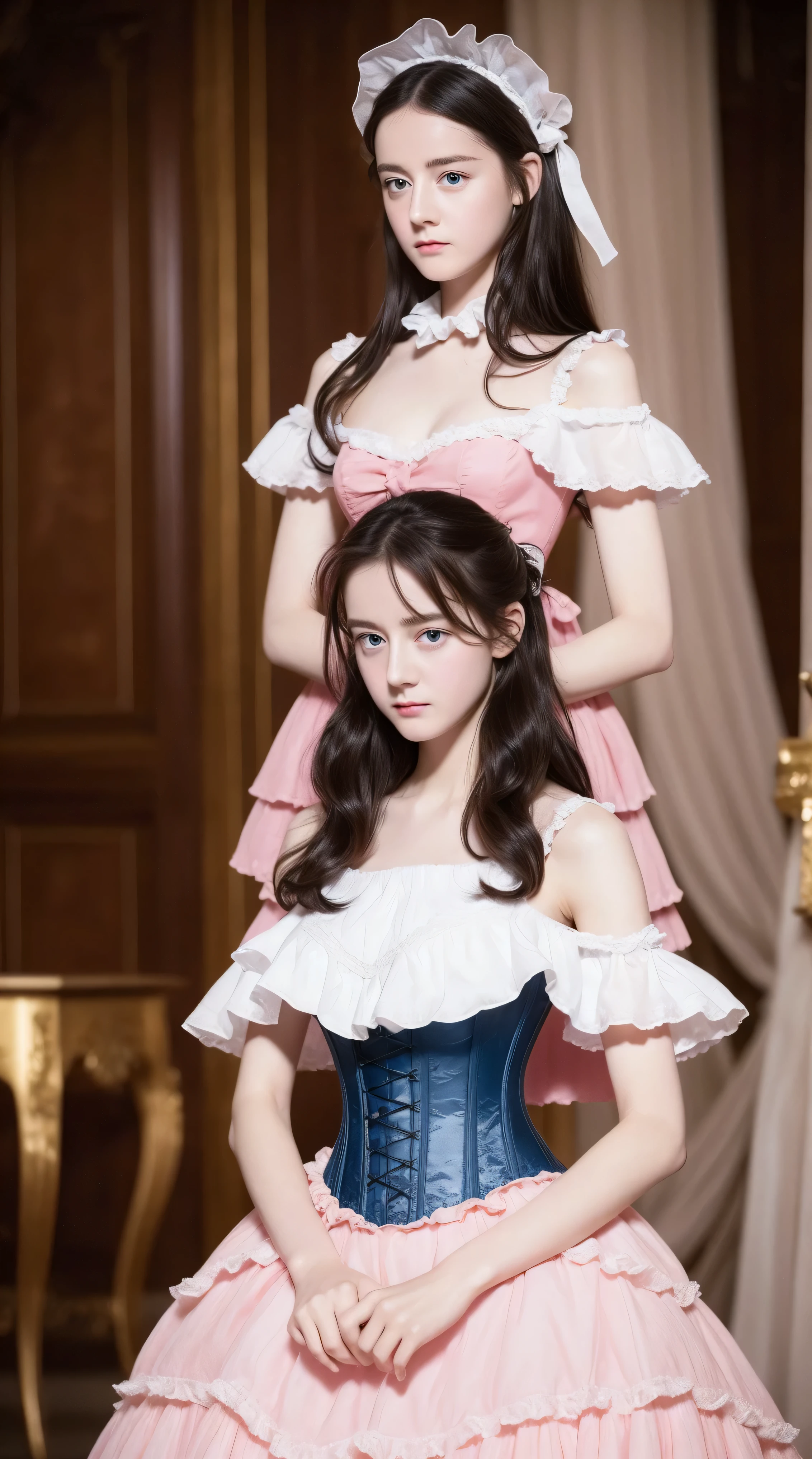 Masterpiece, perfect long legs, corset, large pink and white Victorian dress, wavy black hair, blue eyes, inside a castle, standing, frills, ribbons in hair, very pretty, innocent face, frills on dress
