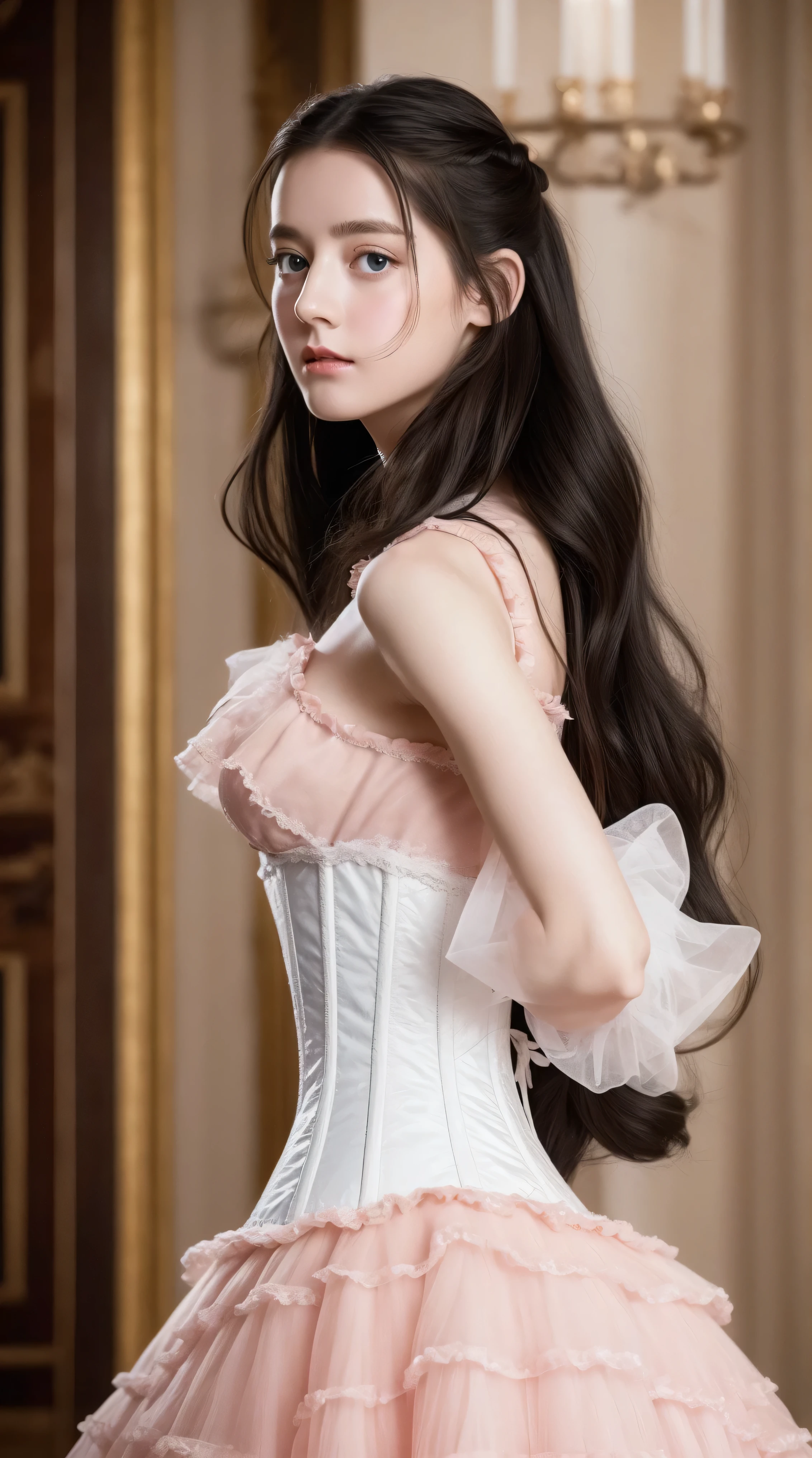 Masterpiece, perfect long legs, corset, large pink and white Victorian dress, wavy black hair, blue eyes, inside a castle, standing, frills, ribbons in hair, very pretty, innocent face, frills on dress