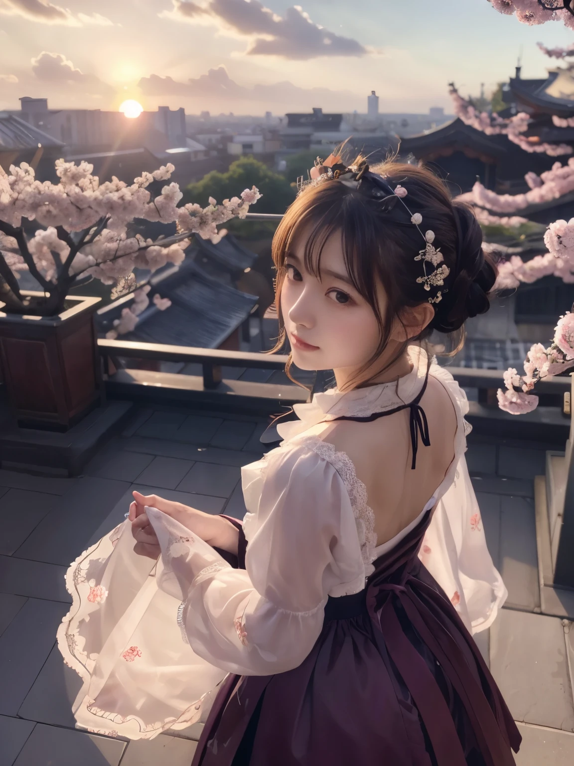 (from below:1.6), masterpiece, 4k, to be born, Bokeh, Scenery of plum blossoms in full bloom、gothic＆Imagine a beautiful woman dressed in Lolita fashion.。.。, depicted in an artistic and emotionally evocative manner. From cross-dressing, stop temporarily, It is expressed as。, Telling the story and emotions hidden inside her. moreover, Scenery of plum blossoms in full bloomを優美で幻想的な色彩で表現, Makes you feel the change of seasons and the flow of time. Imagine what emotions this scene evokes in the viewer&#39;Heart of, I will tell you its charm.,（japanese idol:1.6）, looking at the viewer, (sunset:1.4), beautiful sky and clouds,