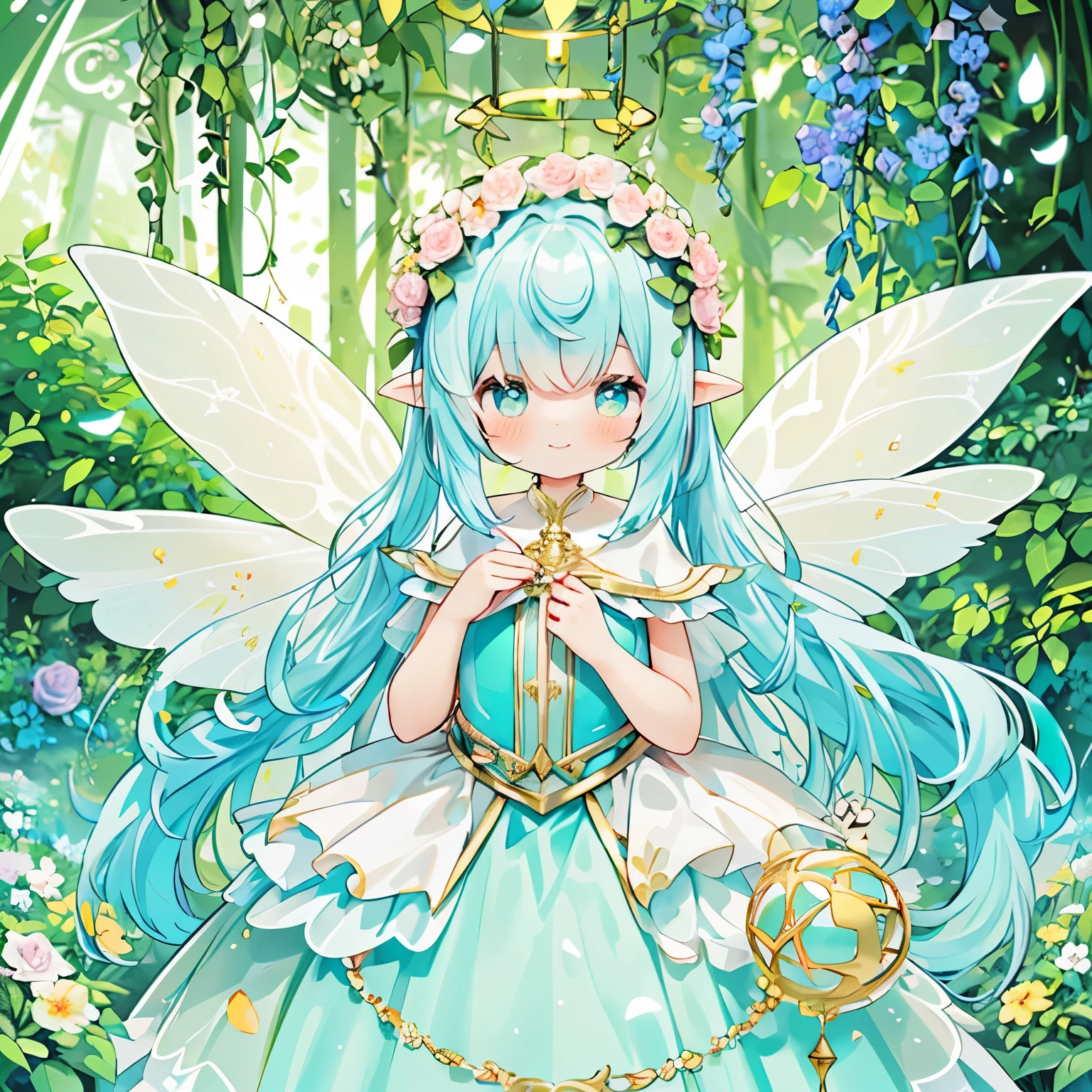 1 girl、(pastel colour:1.3)、(cute illustration:1.3)、((high ponytail wavy:1.3)),((golden hair in a high ponytail:1.3))、beautiful fairy girl in tiered colorful gradient ballgown dress, gradient sparkling fairy dress, ((Skirt layered with multi-colored petals)), fairy dress, fairy queen, magical forest background, (shining fairy wings), sparkling flowing ball gown, ((giant shining fairy wings)), flowers and colorful plants, flower garden,There'There's a glowing aura around her, beautiful, masterpiece, highest quality、gradient hair, light blue hair, floating hair, wavy hair, very long hair, hair ribbon, head wreath, aqua eye, long eyelashes, pointed ears, light smile, bright eyes