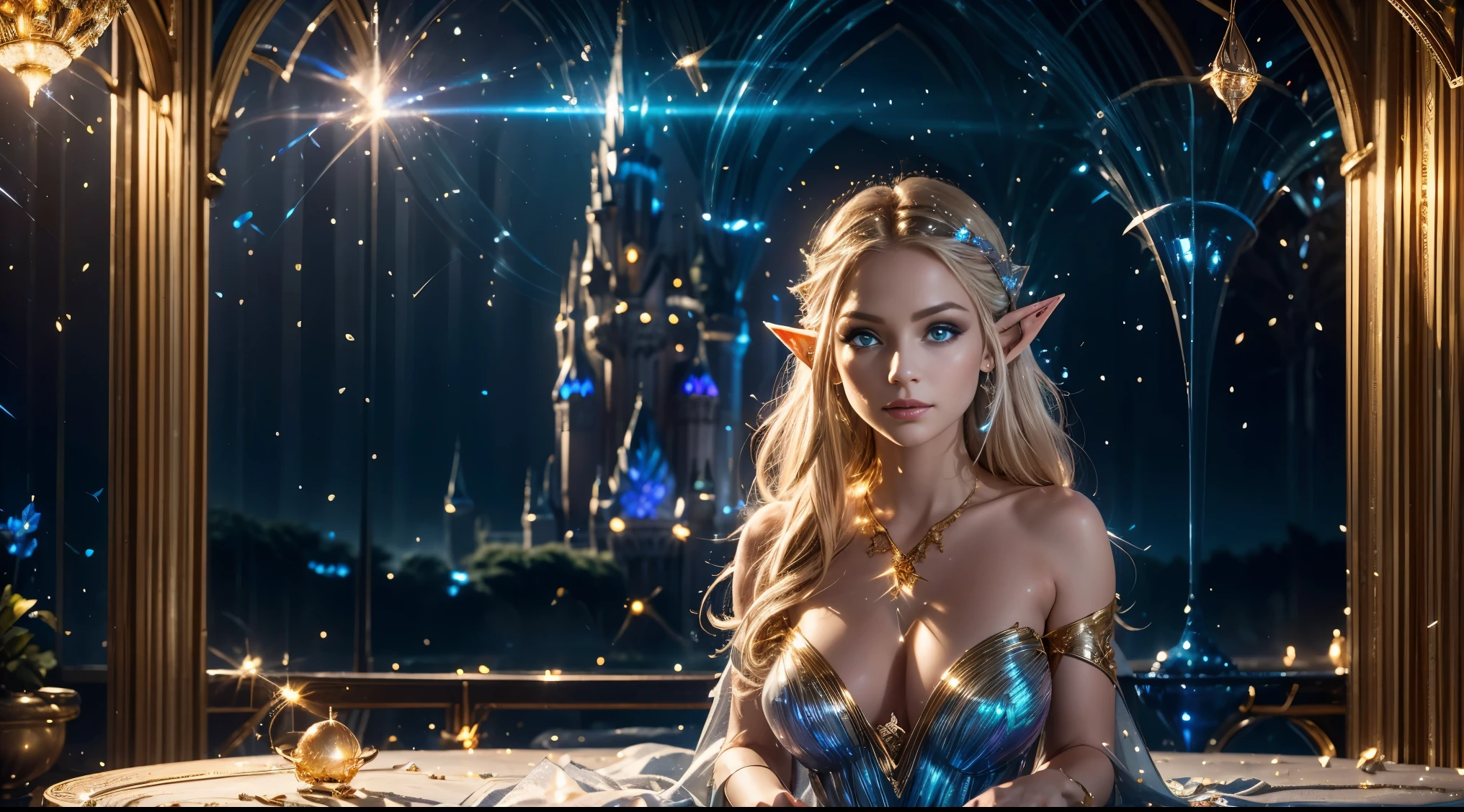 Realistic elf ear, finest image, detailed and delicate depiction, iridescent light glass crystal metal-plated room, background fantasy, that emits fantastic light, light particles, light sparkles, scatter gold and silver glitter and confetti, iridescent light particles, many falling petals, professional lighting
