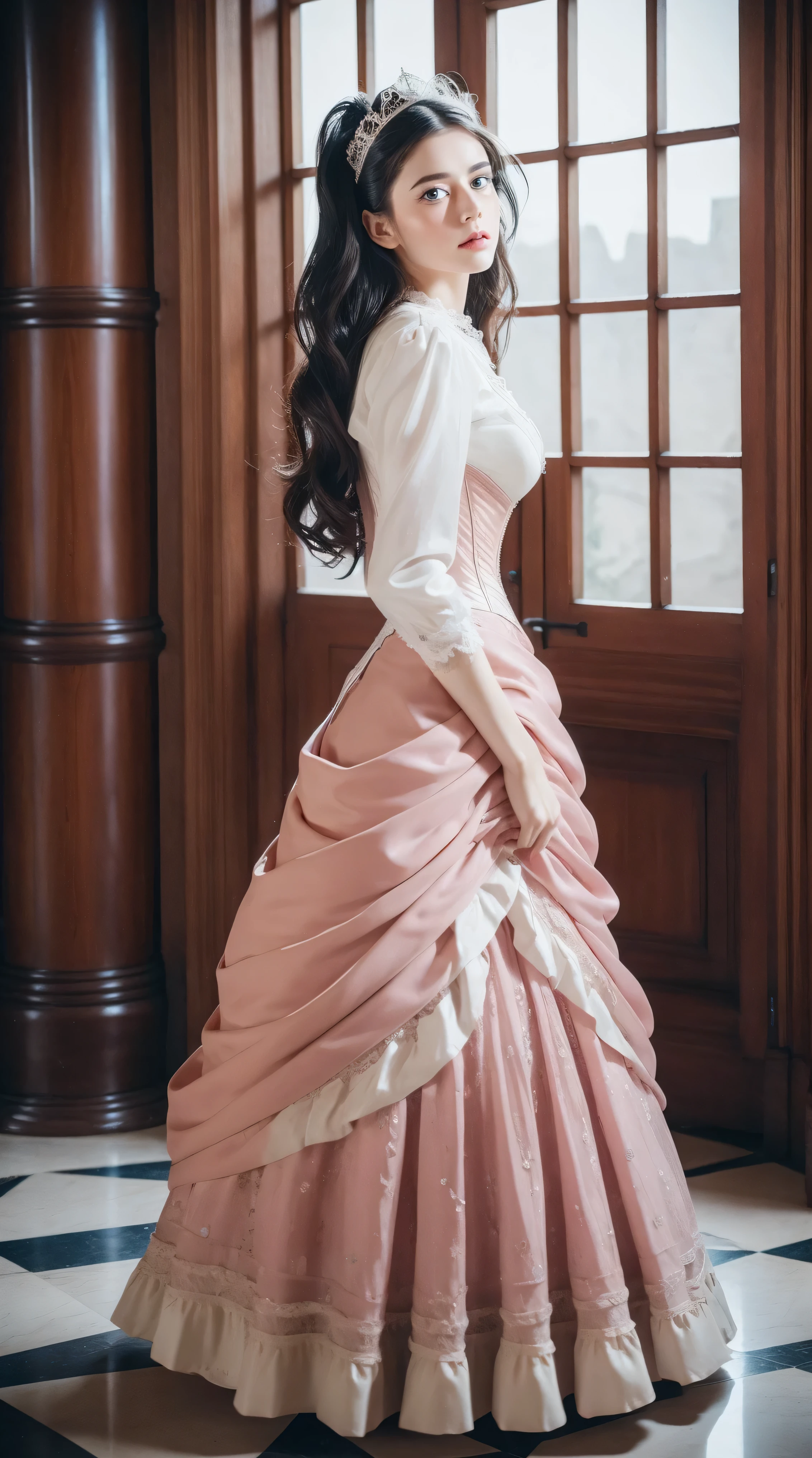 Masterpiece, perfect long legs, corset, large pink and white Victorian dress, wavy black hair, blue eyes, inside a castle, standing, elegant, small pointy nose, pretty