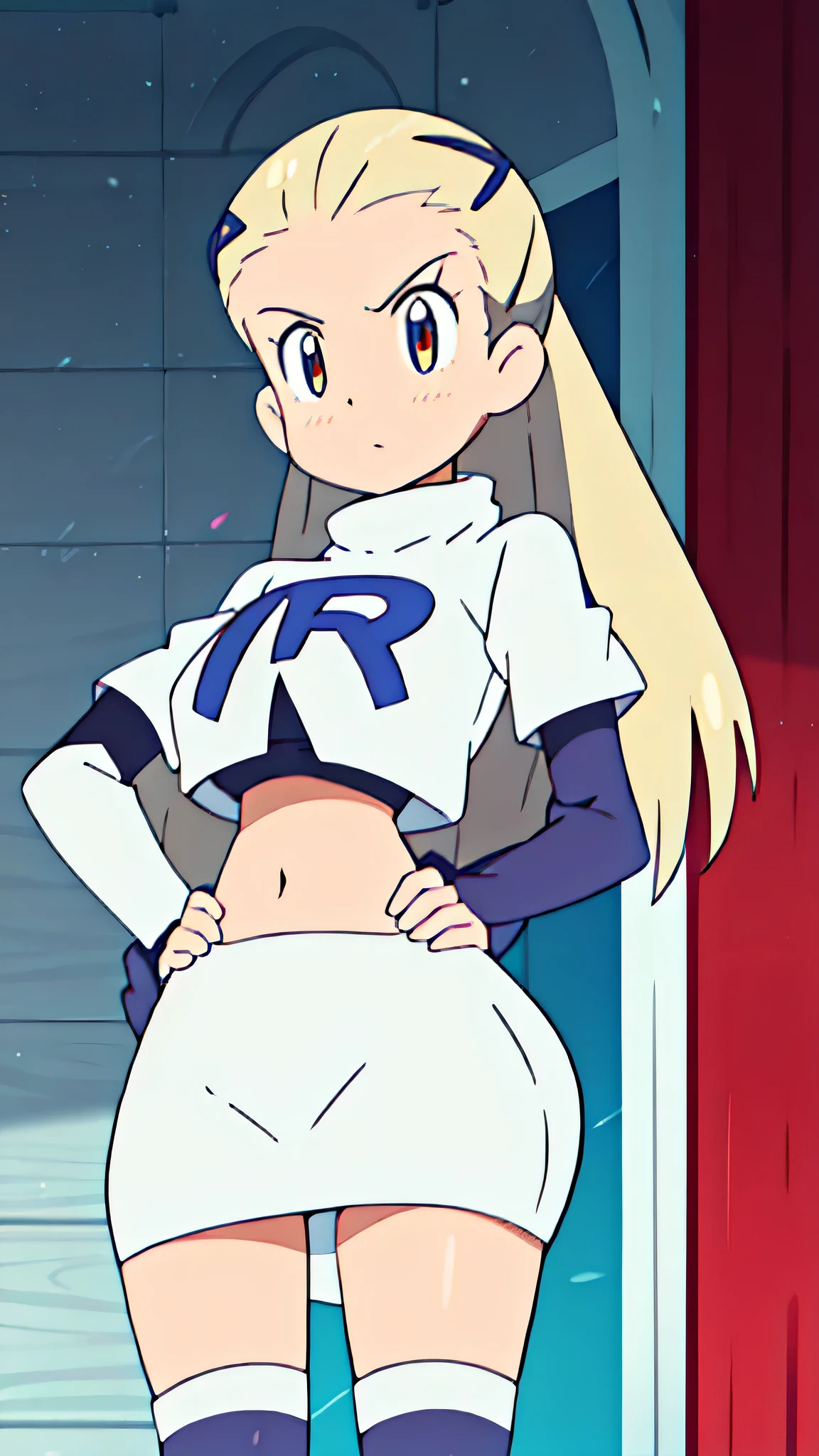 8k, anime screencap,1girl in, (solo:1.1), (perfect body:1.1), (best quality:1.1), very large breast, team rocket uniform, red letter r, white skirt,white crop top,black thigh-high boots, black elbow gloves, glaring angrily, looking down at viewer, hands on hips,zettai ryouiki,cowboy shot, Ingrid Street Fighter