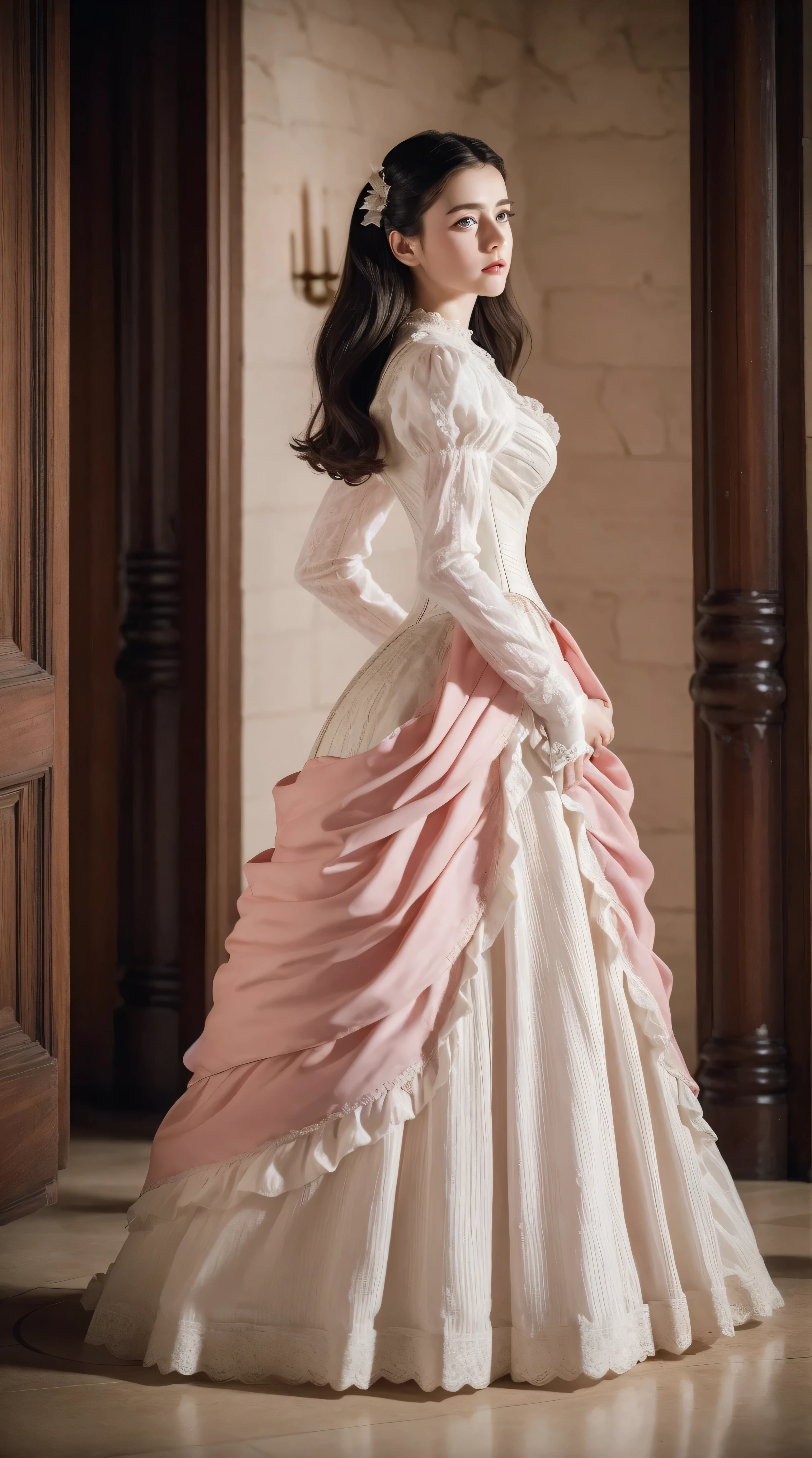 Masterpiece, perfect long legs, corset, large pink and white Victorian dress, wavy black hair, blue eyes, inside a castle, standing, elegant, small pointy nose, pretty