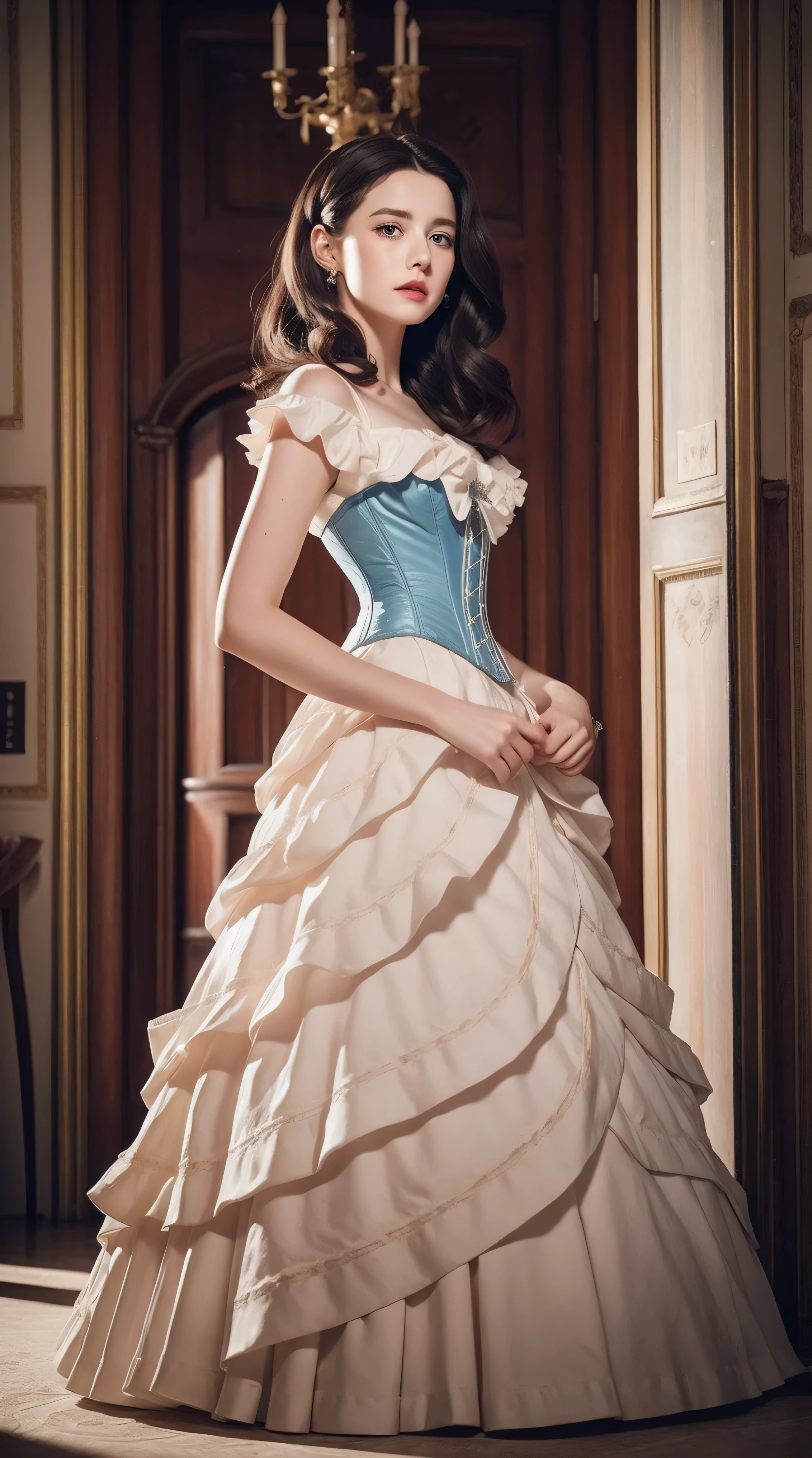 Masterpiece, perfect long legs, corset, large pink and white Victorian dress, wavy black hair, blue eyes, inside a castle, standing, elegant, small pointy nose, pretty