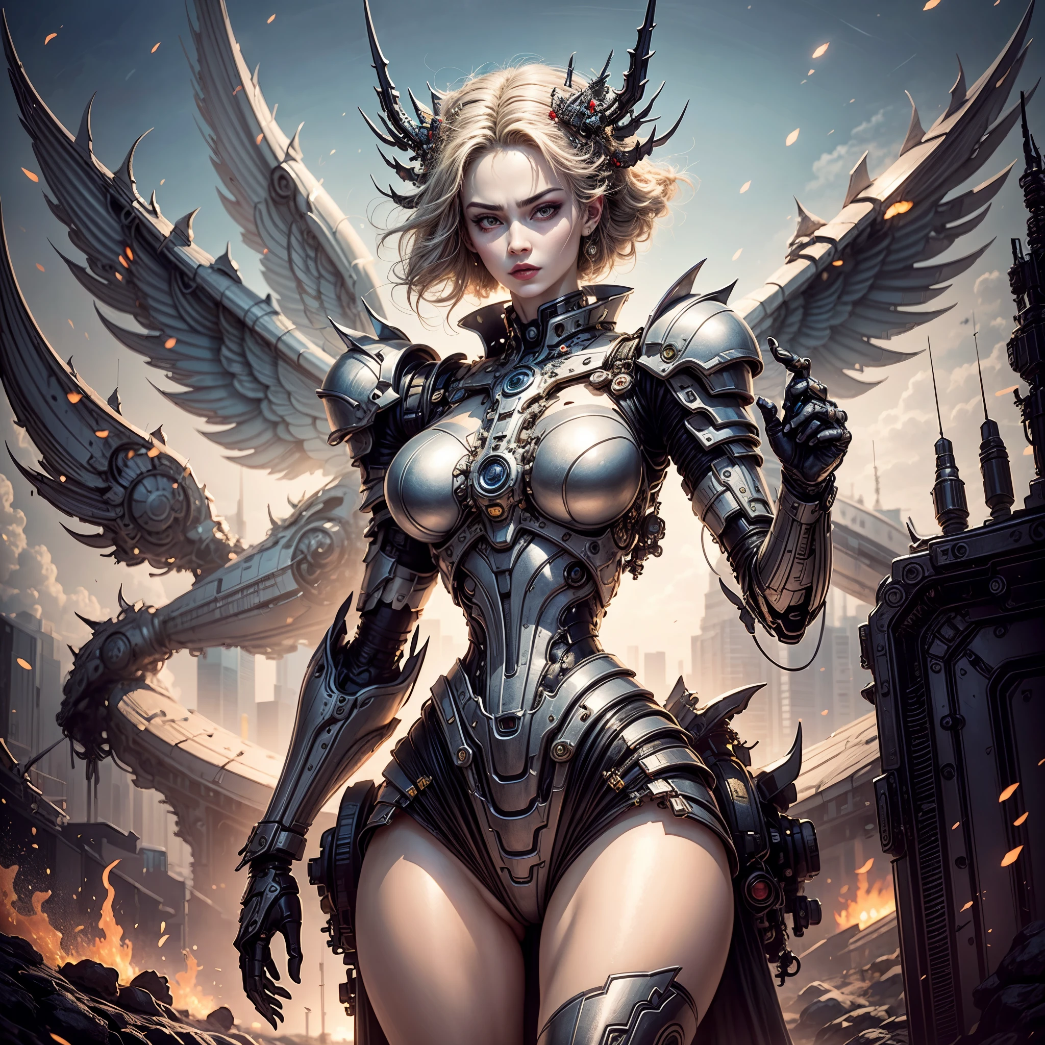 (Best Quality)), ((Masterpiece)), (Very Detailed: 1.3), 3D, master chef-mecha, Beautiful cyberpunk woman wearing crown, with master chef style armor, sci-fi technology, HDR (High Dynamic Range), ray tracing, nvidia RTX, super resolution, unreal 5, subsurface scattering, PBR texture, post-processing, anisotropic filtering, depth of field, maximum sharpness and sharpness, multi-layer texture, Specular and albedo mapping, surface shading, accurate simulation of light-material interactions, perfect proportions, octane rendering, duotone lighting, low ISO, red balance, rule of thirds, wide aperture, 8K RAW, high efficiency subpixels, subpixel convolution, light particles, light scattering, Tyndall effect, very sexy, full body, battle pose, silver hair with braids, (gracefully spreads its wings:1.3), (swirling flames:1.4), (glowing ashes:1.3), (eyes glow with ancient wisdom:1.5), (mystical realm:1.3), (sense of enchantment and mystique:1.4), (focus on phoenix's ethereal presence:1.3), (highly detailed), (sharp focus), (photorealistic).(best quality,4k,8k,highres,masterpiece:1.2),ultra-detailed, HDR, 8k, absurdres, cinestill 800, sharp focus, add_detail:2, (solo, woman)