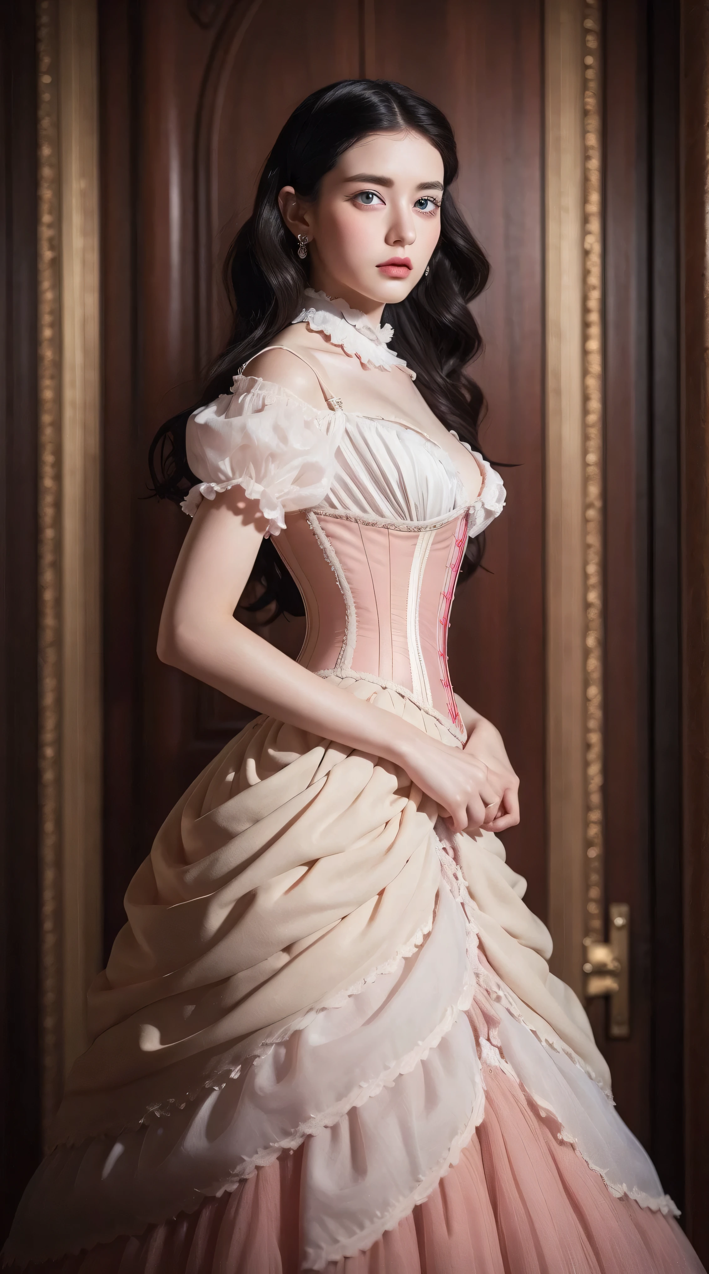 Masterpiece, perfect long legs, corset, large pink and white Victorian dress, wavy black hair, blue eyes, inside a castle, standing, elegant, small pointy nose, pretty
