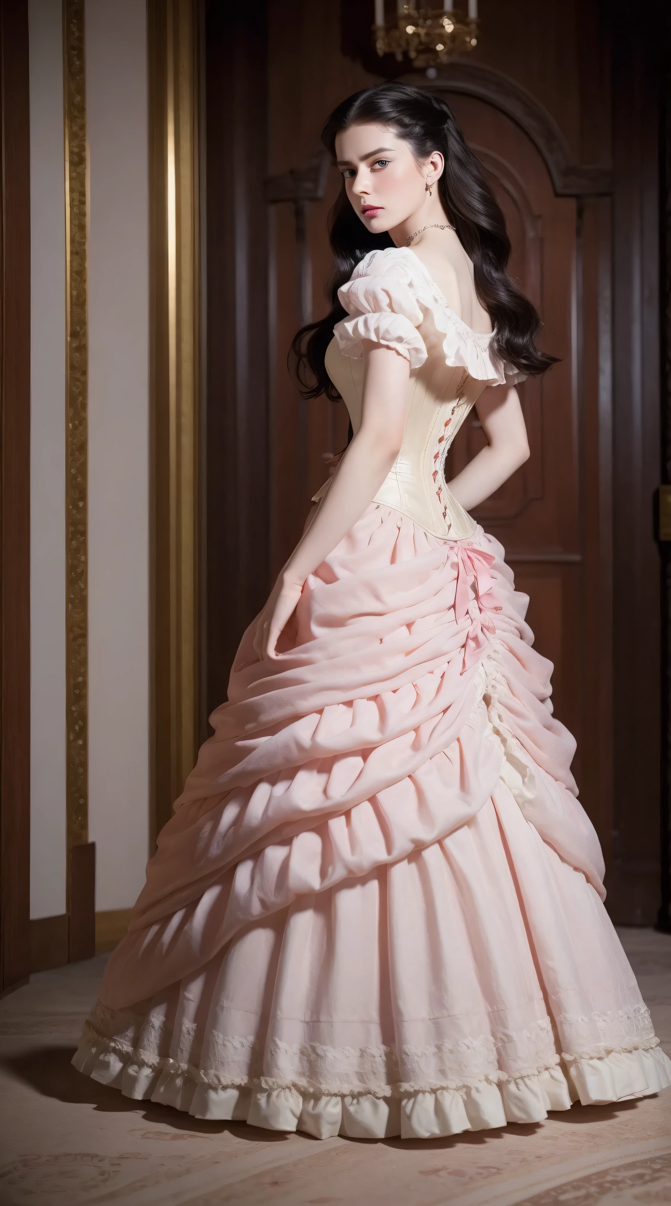 Masterpiece, perfect long legs, corset, large pink and white Victorian dress, wavy black hair, blue eyes, inside a castle, standing, elegant, small pointy nose, pretty