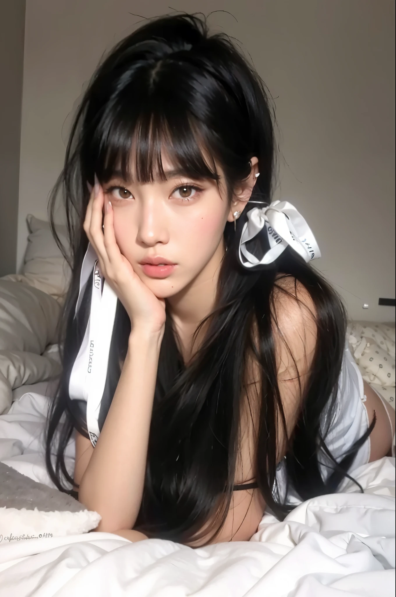 Mujer arafed acostada en una cama con un control remoto en la mano, pelo negro y ojos grandes, con coletas negras, con pelo largo y ojos penetrantes, ojos grandes y cabello largo y suelto, ulzzang, chica anime en la vida real, ella tiene el pelo negro con flequillo, pelo largo y negro con flequillo, Chica tailandesa anime, muchacha coreana, muy hermosa linda catgirl, blackpink jennie