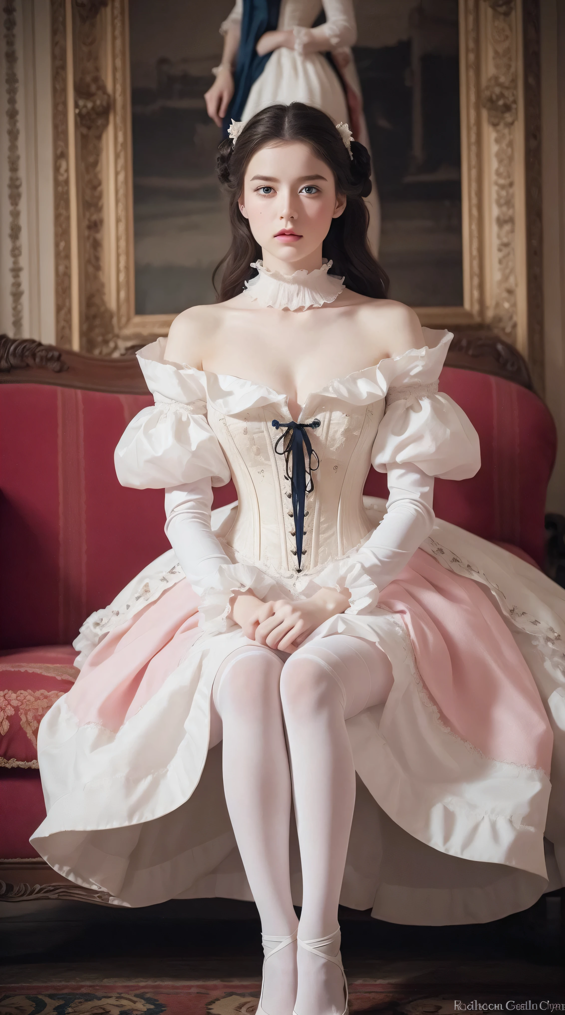 Masterpiece, perfect long legs, corset, large pink and white Victorian dress, wavy black hair, blue eyes, inside a castle, sitting, elegant, small pointy nose, pretty, white tights