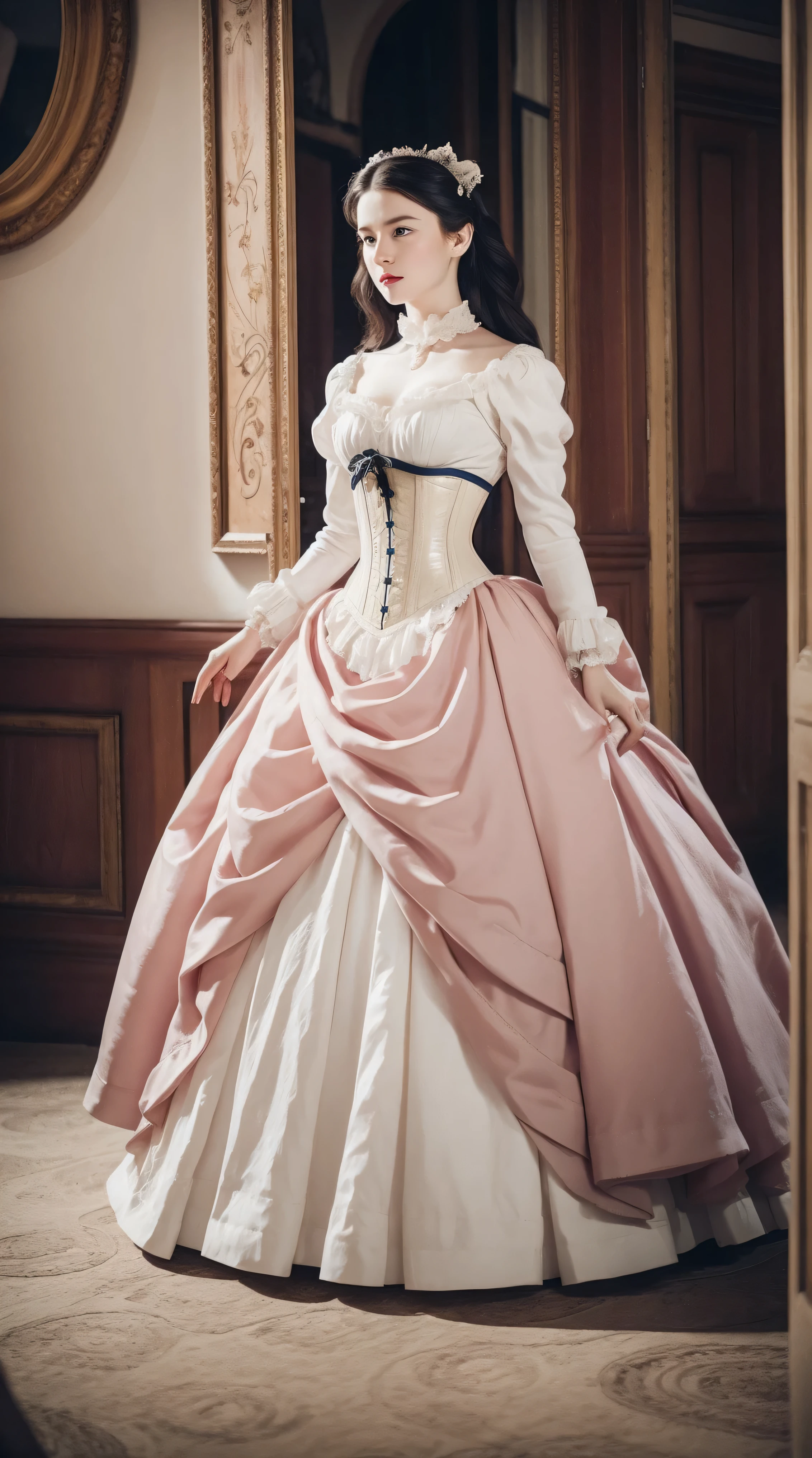 Masterpiece, perfect long legs, corset, large pink and white Victorian dress, wavy black hair, blue eyes, inside a castle, sitting, elegant, small pointy nose, pretty, white tights