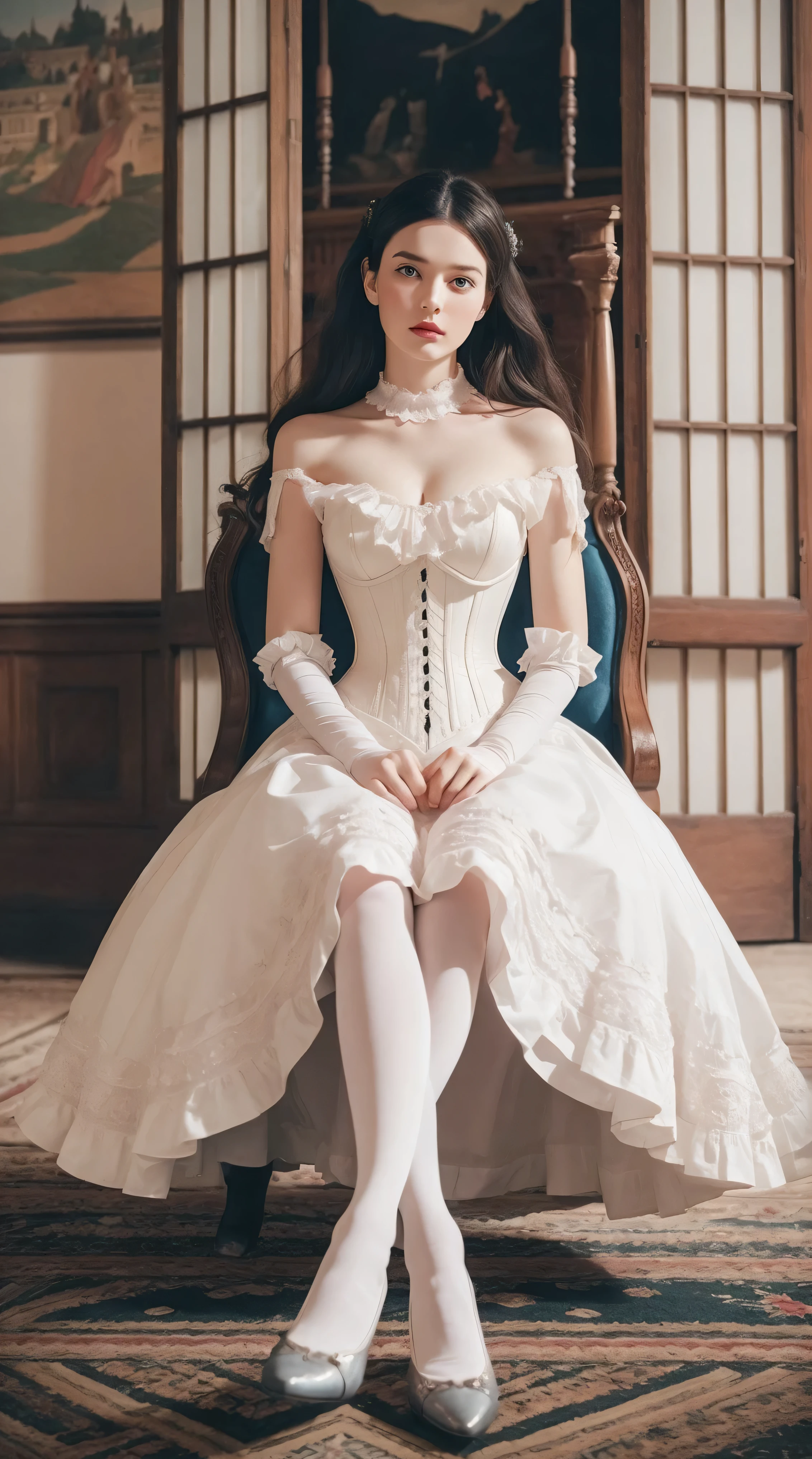Masterpiece, perfect long legs, corset, large pink and white Victorian dress, wavy black hair, blue eyes, inside a castle, sitting, elegant, small pointy nose, pretty, white tights