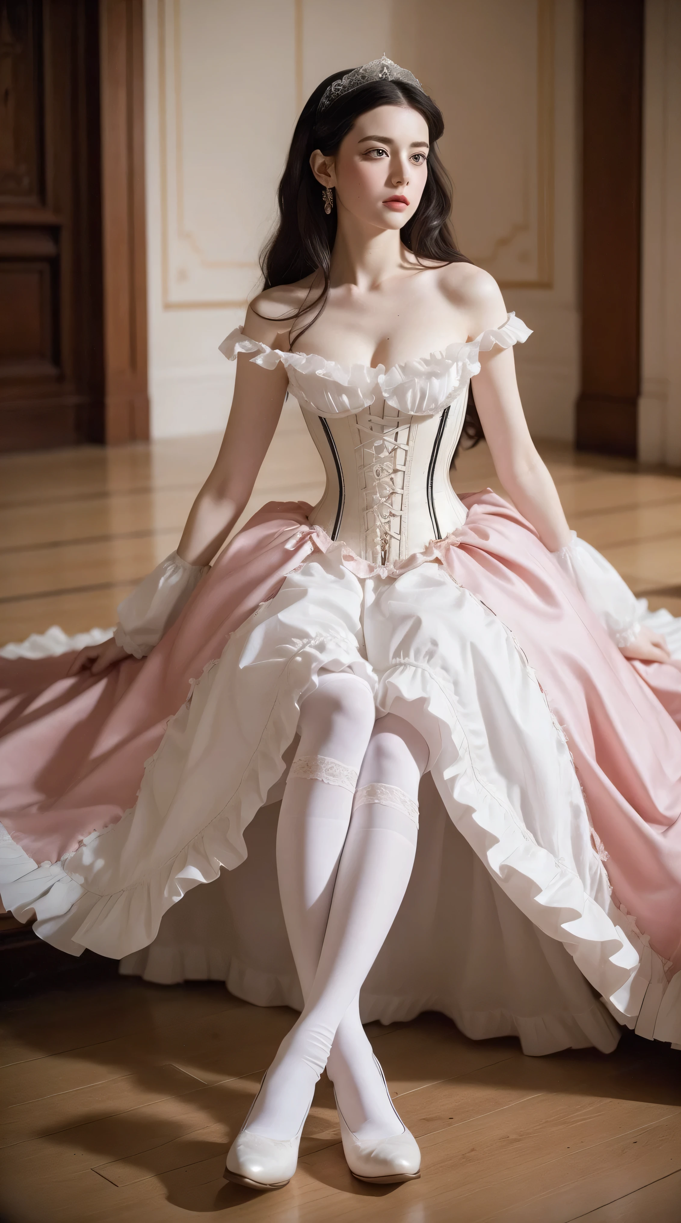 Masterpiece, perfect long legs, corset, large pink and white Victorian dress, wavy black hair, blue eyes, inside a castle, sitting, elegant, small pointy nose, pretty, white stockings