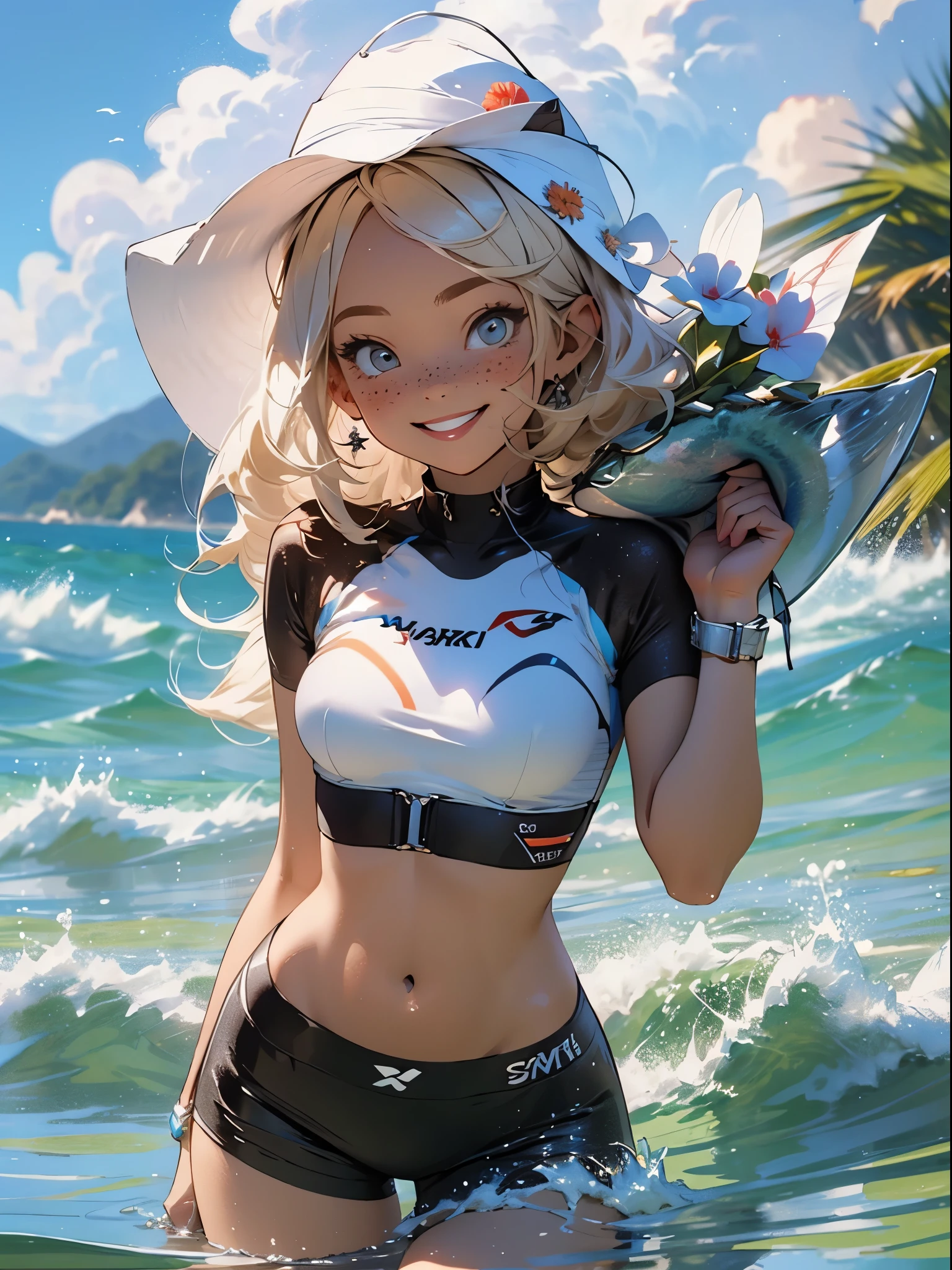 (best quality, masterpiece), 1girl, paw pose, smile, laughing, ocean, crop top, shorts, blonde, freckles, blush, looking at viewer, wavy hair, cloud, splashing, waves, sun, mountain, wet