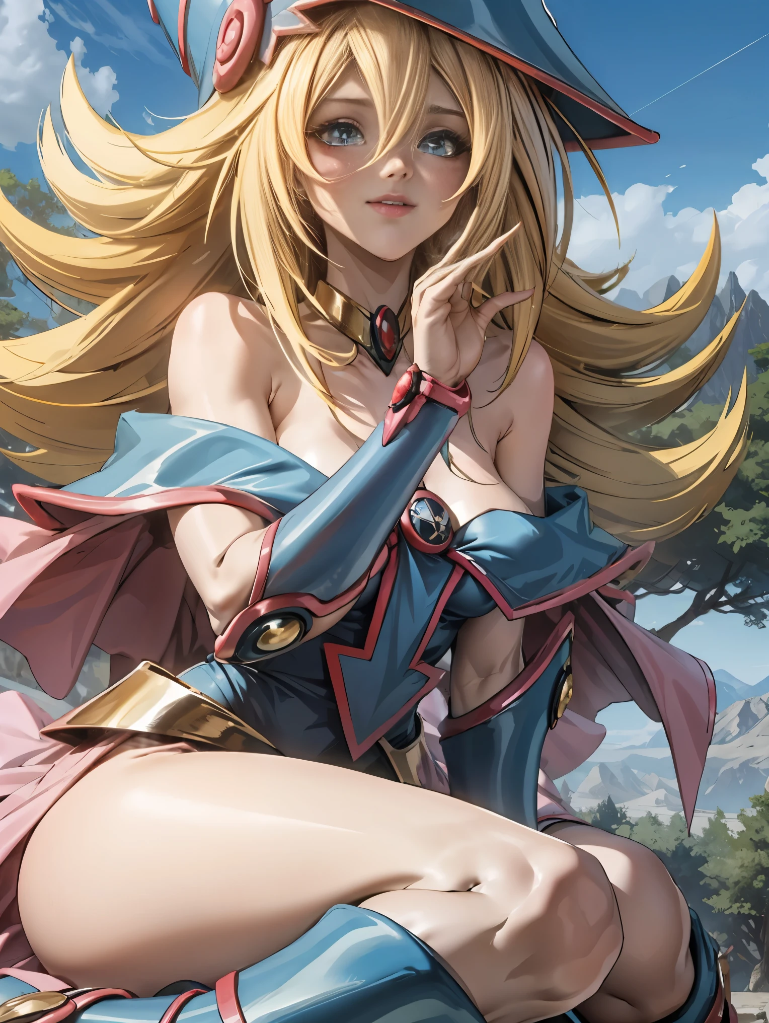 Ereshkigal in the series of destiny sitting on the grass under a tree looking at the viewer watching smiling, feliz, winking, blowing a kiss with a beautiful mountain landscape behind her from a distant view