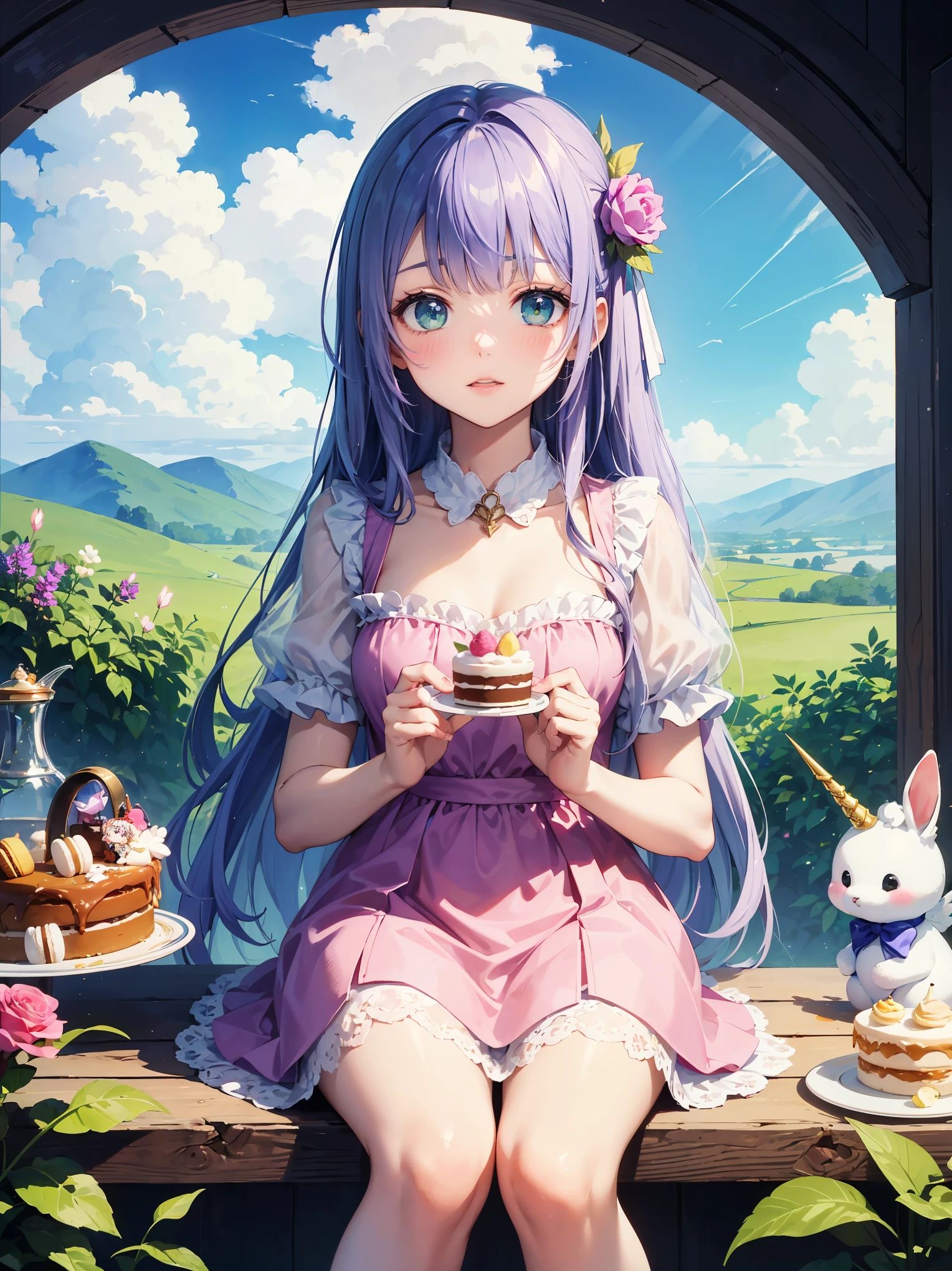 ((masterpiece)), ((top quality)), (super detailed), ((cute)), cute, (lovely), ((unbelievably super cute)), ((very detailed)), 4k, (8k), top quality, 

Guidelines for creating illustrations that express a "dreamy cute" worldview.

Theme:.

Dreamy fairy-tale world
Sweet and romantic atmosphere
Expressing a girl's longing
Elements: 1.

1. colors: pastel colors: pink, light blue, lavender, mint green, etc.

Pastel colors: pink, light blue, lavender, mint green, etc.
Light shades: white, beige, cream, etc.
Sparkling elements: gold, silver, pearls, etc.
2. motifs: animals

Animals: rabbits, cats, bears, unicorns, etc.
Sweets: cakes, macaroons, ice cream, etc.
Magic items: walking sticks, tiaras, magic wands, etc.
Flowers: roses, ranunculus, violets, etc.
3. composition

Dreamy landscape: above the clouds, rainbow, castle, etc.
Girl in the center: sitting, standing, playing, etc.
Painted with animals or sweets
Fairy-tale accessories: hearts, stars, ribbons, etc.
4. tastes: soft line drawings

Soft line drawings
Delicate depiction
Rounded forms
Watercolor, pastel-like texture
Generated example: A girl in a pink dress on a cloud with a rabbit and a macaron.

Above the clouds, a girl in a pink dress is holding a rabbit and macaroons
Girl on unicorn flying toward rainbow against lavender sky
In a mint green castle, a girl is making a cake with a magic stick
In a white room decorated with lace and ribbons, a girl is having a tea party.