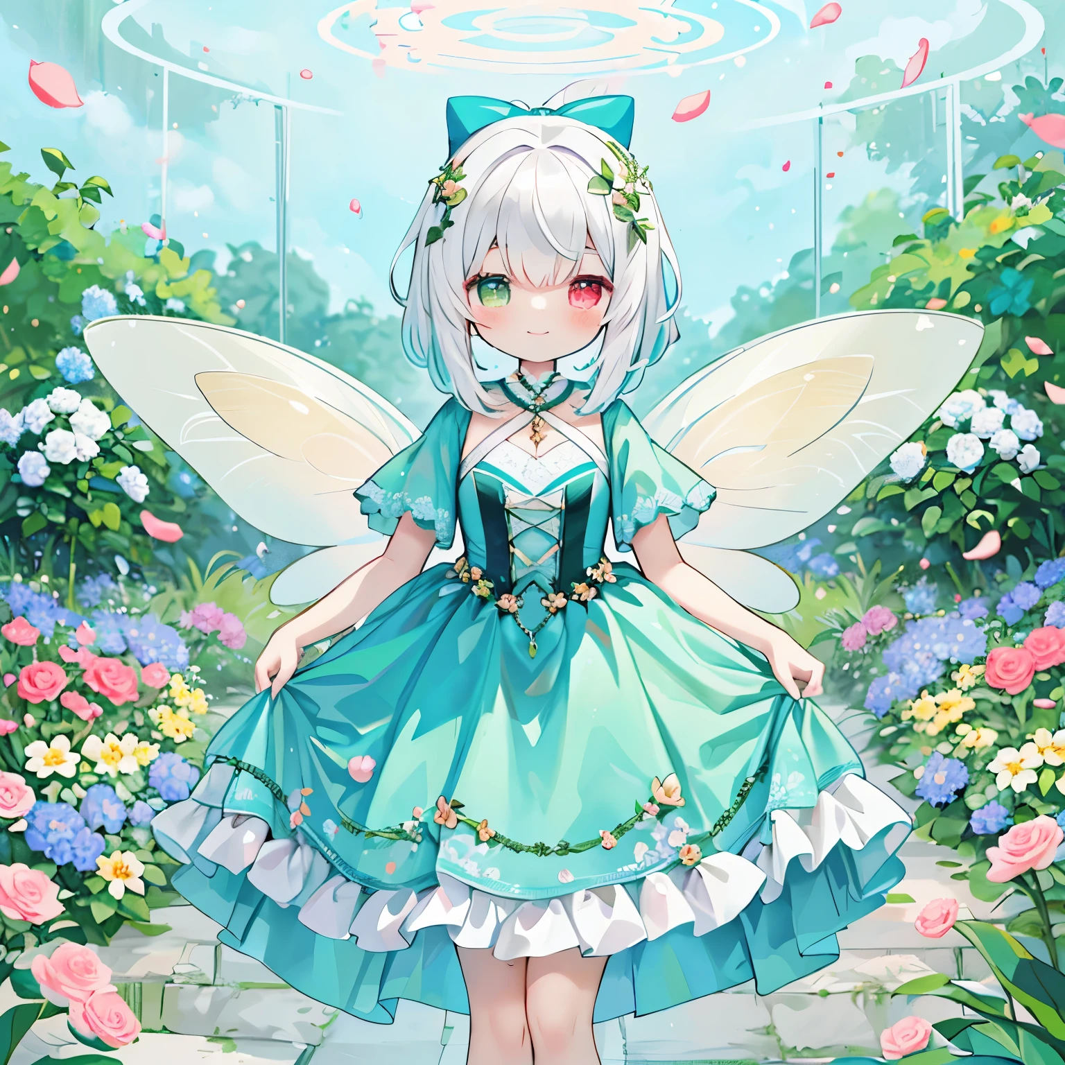 1 girl、(pastel colour:1.3)、(cute illustration:1.3)、Dutchangle、((high ponytail wavy:1.3)),((white hair in a high ponytail:1.3))、heterochromia、smile,fairy dress, ((Skirt layered with multi-colored petals)), fairy dress, fairy queen, , (shining fairy wings), sparkling flowing ball gown, ((giant shining fairy wings)), flowers and colorful plants, flower garden,There'There's a glowing aura around her, beautiful, masterpiece, highest quality