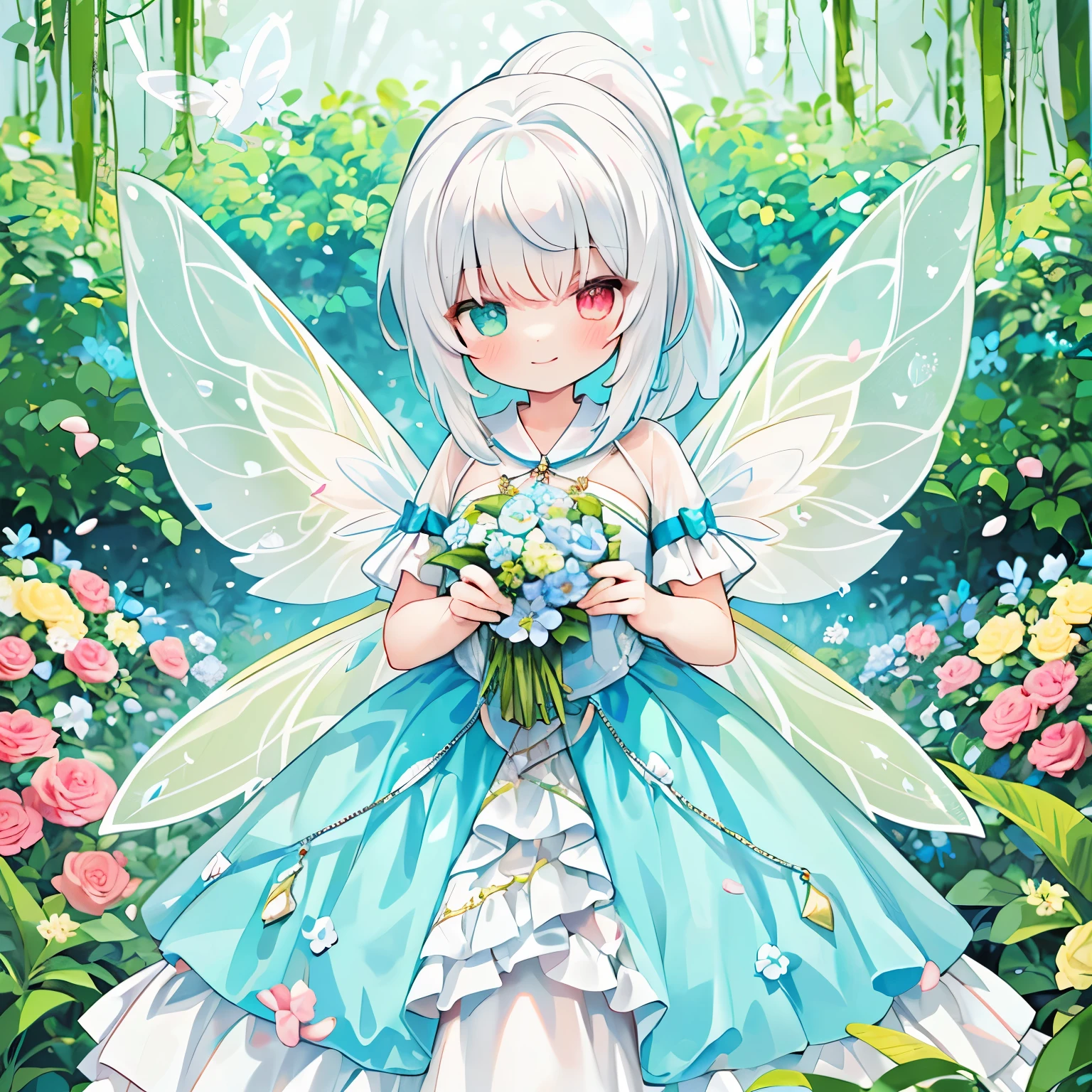 1 girl、(pastel colour:1.3)、(cute illustration:1.3)、Dutchangle、((high ponytail wavy：1.3)),((white hair in a high ponytail：1.3))、heterochromia、smile,fairy dress, ((Skirt layered with multi-colored petals)), fairy dress, fairy queen, , (shining fairy wings), sparkling flowing ball gown, ((giant shining fairy wings)), flowers and colorful plants, flower garden,There&#39;There&#39;s a glowing aura around her, beautiful, masterpiece, highest quality