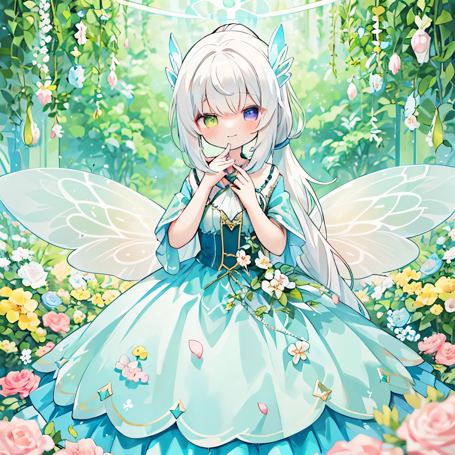 1 girl、(pastel colour:1.3)、(cute illustration:1.3)、Dutchangle、((high ponytail wavy：1.3)),((white hair in a high ponytail：1.3))、heterochromia、smile,fairy dress, ((Skirt layered with multi-colored petals)), fairy dress, fairy queen, , (shining fairy wings), sparkling flowing ball gown, ((giant shining fairy wings)), flowers and colorful plants, flower garden,There&#39;There&#39;s a glowing aura around her, beautiful, masterpiece, highest quality