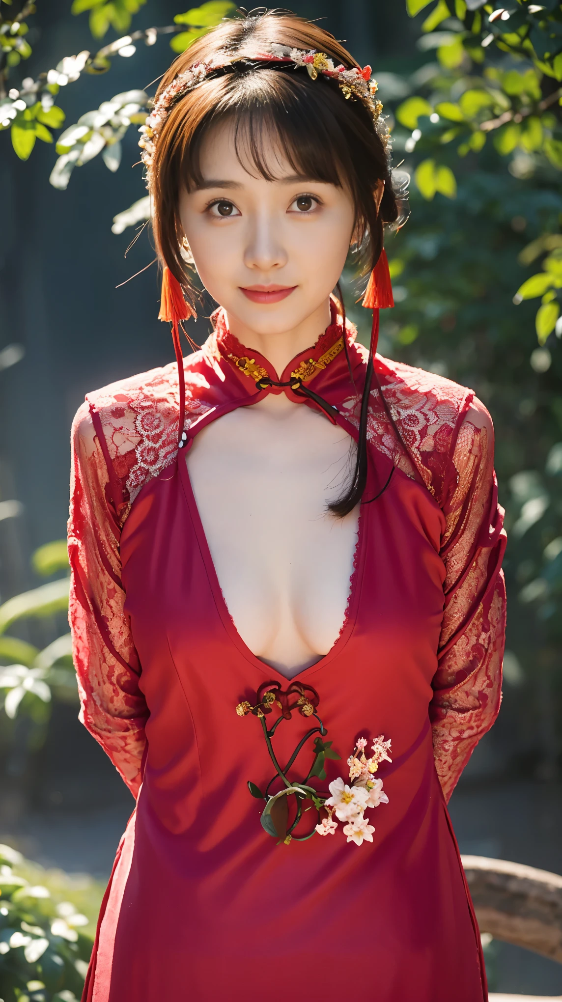 sweet smile、night、original photography、(((ultimate beauty portrait)))、((sparkling skin))、1 girl、  beautiful girl、bright expression、((dark brown hair))、(cleavage)、 (Red lace hollow tight sexy cheongsam: 1.4), Painted breasts，Tight skin，Various exotic styles，（red lips：2.0）, The face is super delicate，naked thighs，((Big eyes sparkling like gems))、Glowing and radiant skin、(Goddess of Rapunzel)、(silk headband)、(standing)、Eyeliner、beautiful bangs、hair between eyes、((​Masterpiece、top quality、Super detailed、Warm colors、intricate details、high resolution、Very detailed))、background for this、digital SLR、soft light、high quality、film grain、Fuji XT3 、shallow view deep、natural soft light、Kamimei、plump bust，Big breasts，Protruding breasts，puffy nipples，Soaked clothes，wet nurse，Water dew