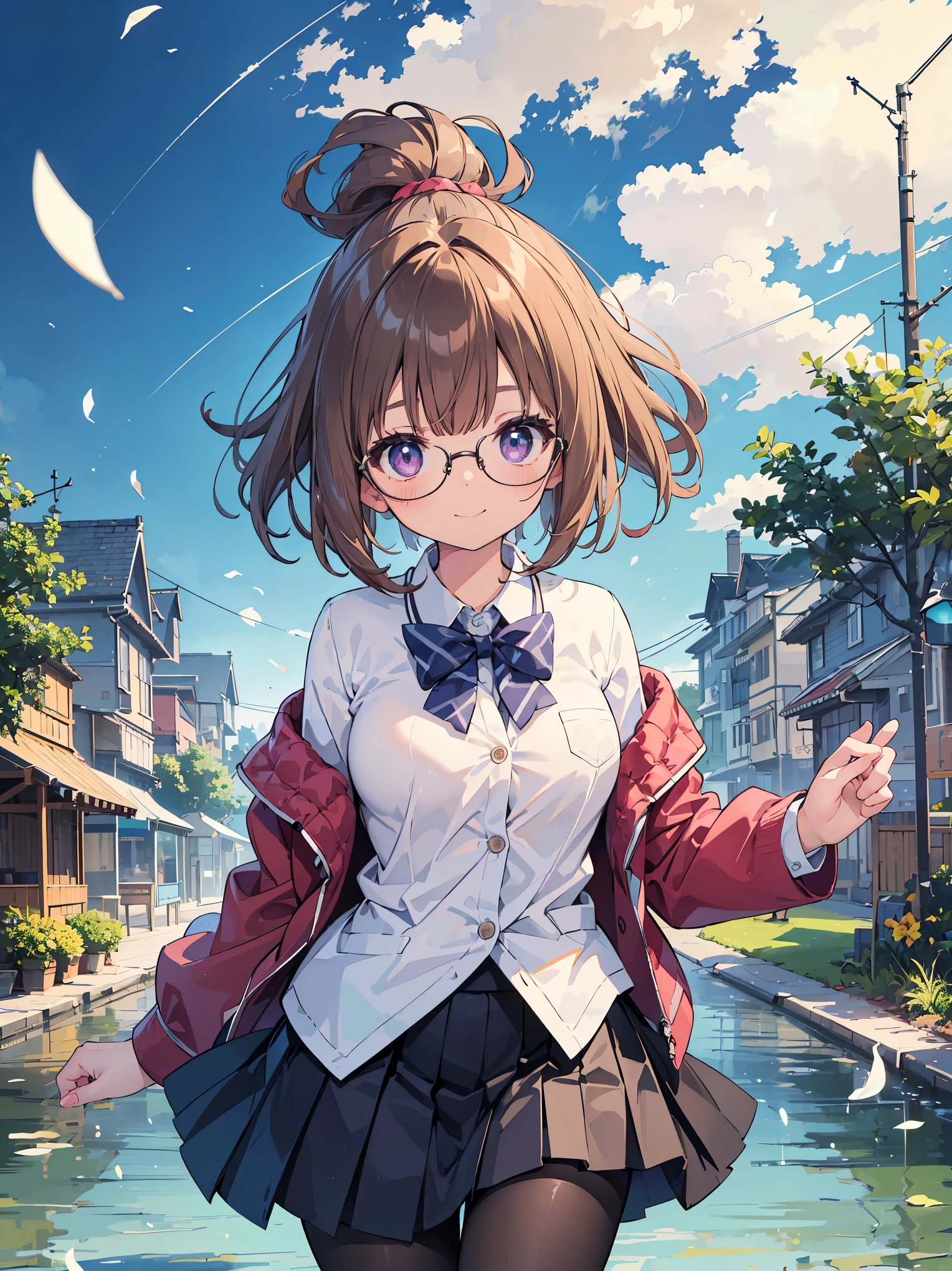 ((masterpiece)), ((highest quality)), (super detailed), ((cute)), cute, (Lovely), ((しんじられないほど超cute)), (device), ((very detailed)), 4k, (8k), highest quality, (beautiful), water colored pencils, genuineistic, genuine, focus on the face, whole body concentration, kindergarten, spring, Little、young girl, alone, brand blazer,　brand dress shirt、brand pleated skirt、 beautiful dark brown hair, beautiful purple eyes, ((beautiful eyes with highlights )), white skin, bob cut ponytail, transparent hair, translucent hair, big breasts, detailed and shiny tights, Glasses, smile, wind effect, reflection effect
