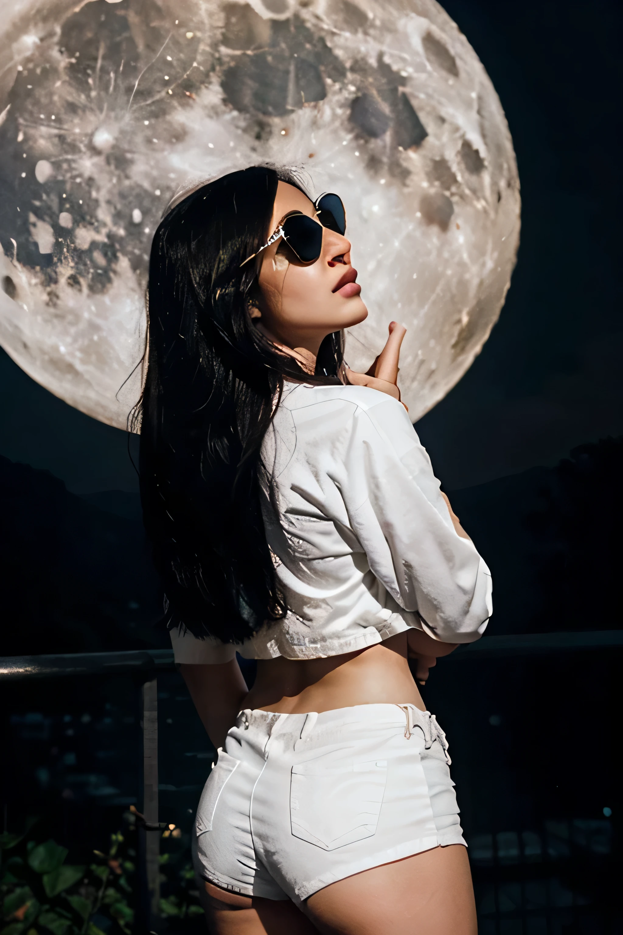 "The moon hangs high in the sky, its white brilliance a stark contrast to the darkness that surrounds it. Its presence happy girl with sunglasses back view brings a sense of peace and wonder to the world below."