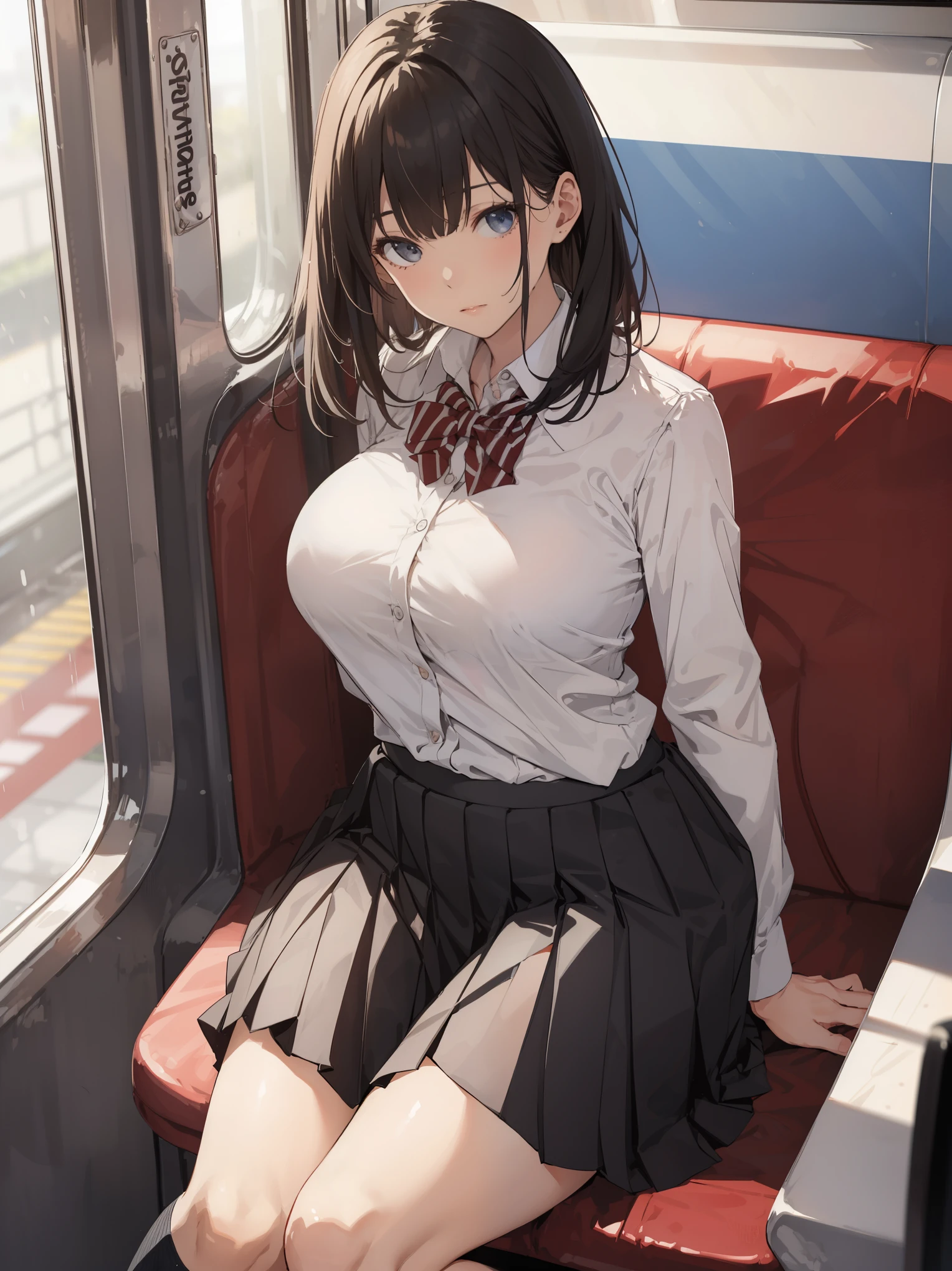 1 woman, thighs, sitting on train, school uniform, realistic, raw photo, white shirt, pleated skirt, black short socks, roafer, medium hair, bangs, looking at viewer, best quality, large breast, (squeezing breast),
