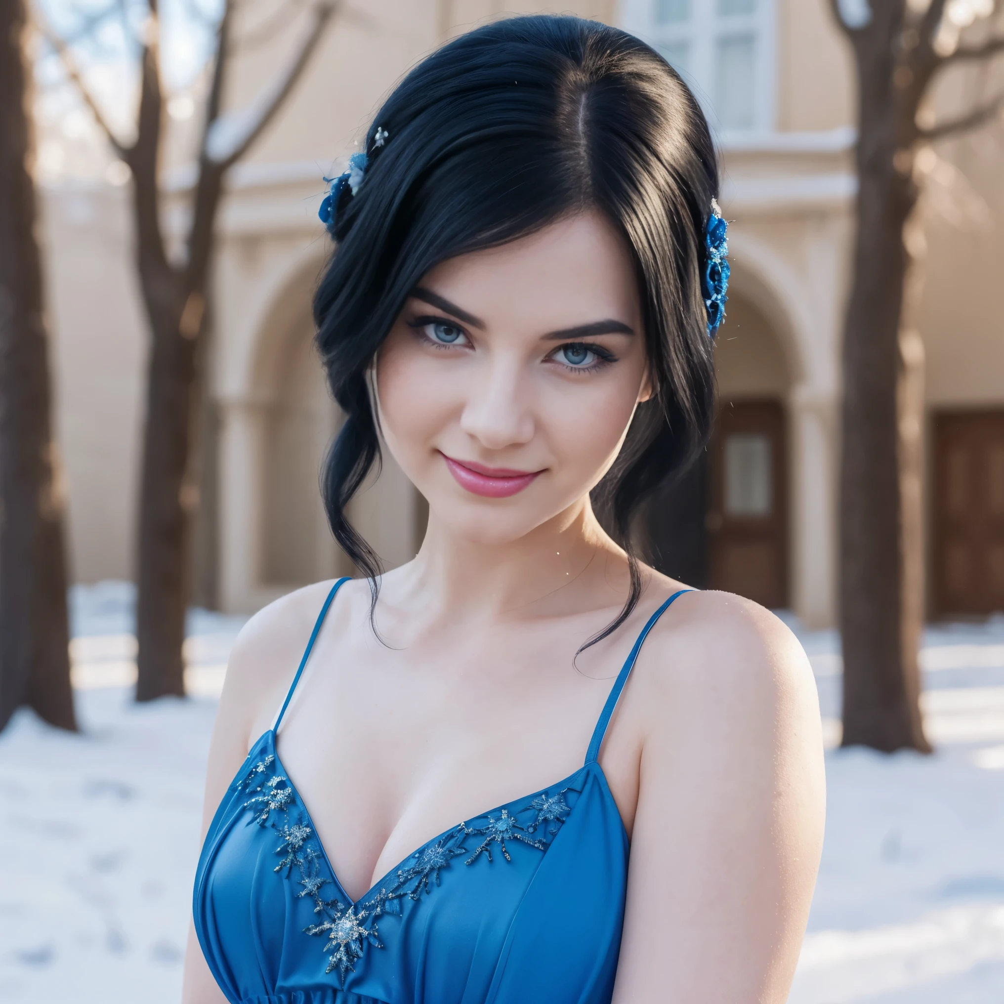 photograph of a close up of a woman in a blue dress, a picture, inspired by Disney, Shutterstock, she has black hair, pale snow white skin, pink iconic character, smirking deviously, official photos, 😃😀😄☺🙃😉😗, 5 4 s, official