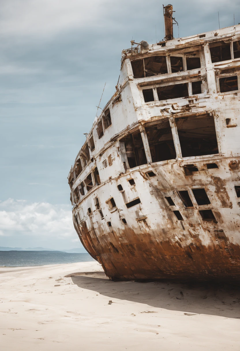 Huge abandoned ship, white sandy beach, summer, waterfront, lonely landscape