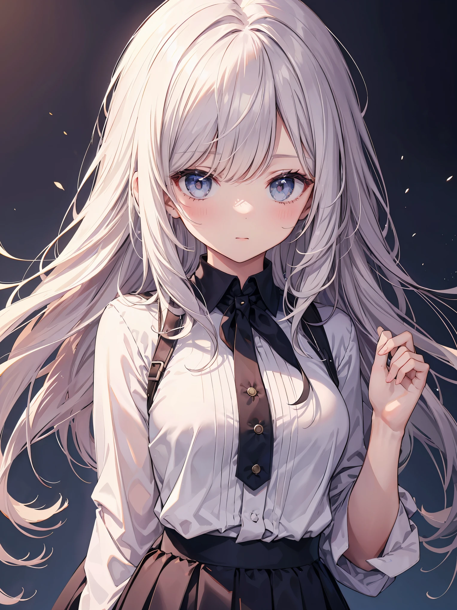Anime girl with long white hair and blue eyes in a white shirt - SeaArt AI