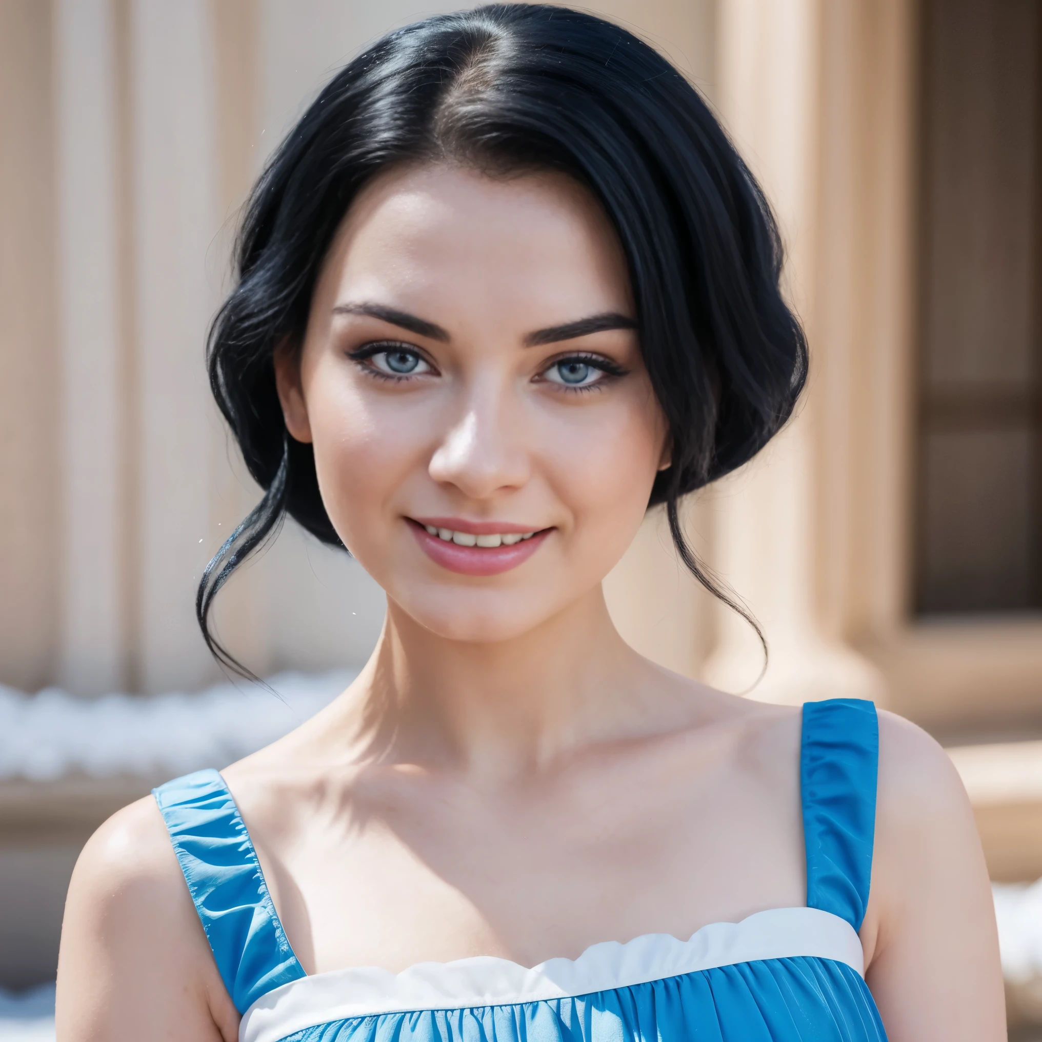 photograph of a close up of a woman in a blue dress, a picture, inspired by Disney, Shutterstock, she has black hair, pale snow white skin, pink iconic character, smirking deviously, official photos, ๐๐๐โบ๐๐๐, 5 4 s, official