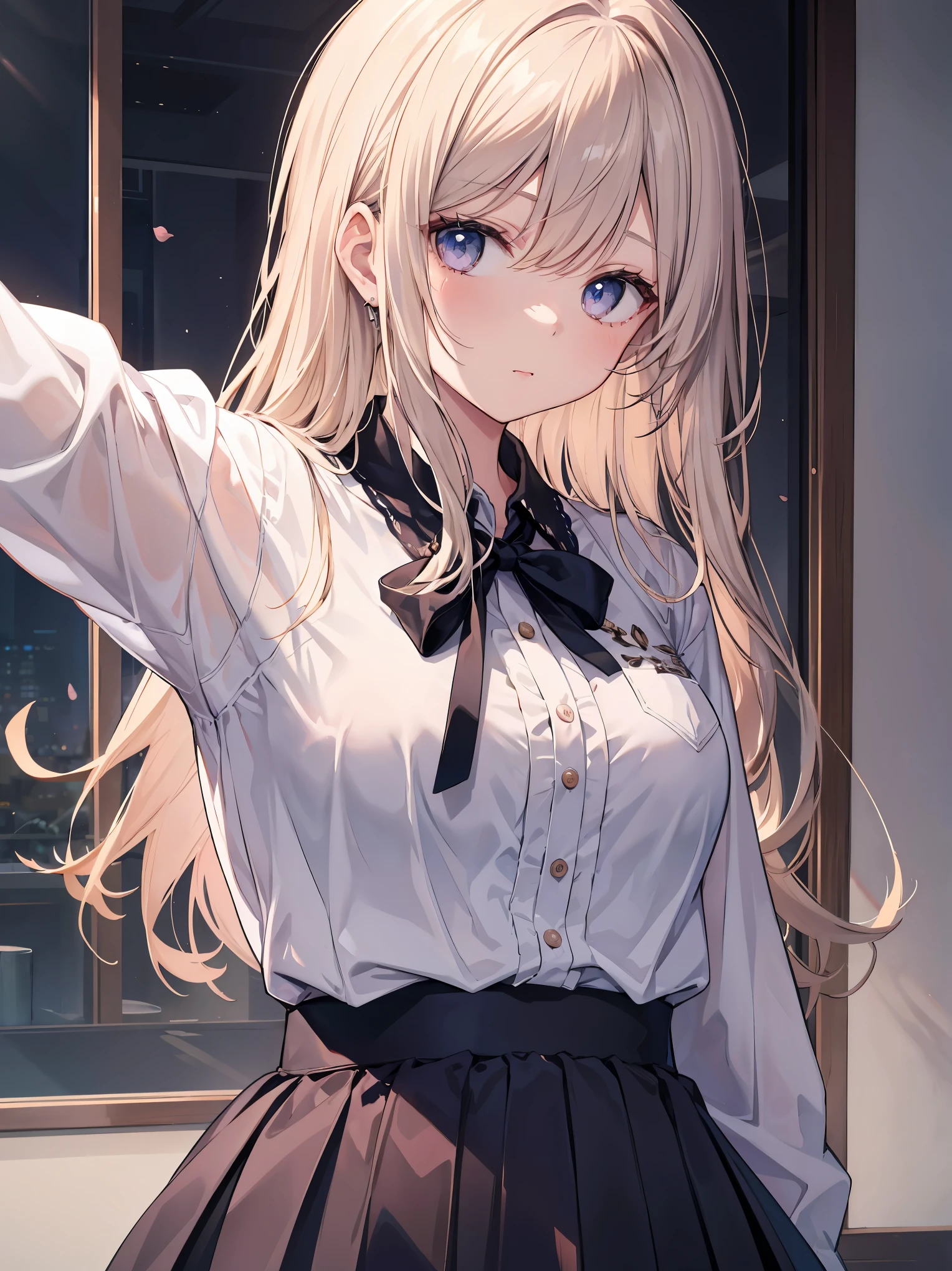 1girl in、The shirt、skirt by the、()、Putting up with、In the midst of patience、Upper body portrait、