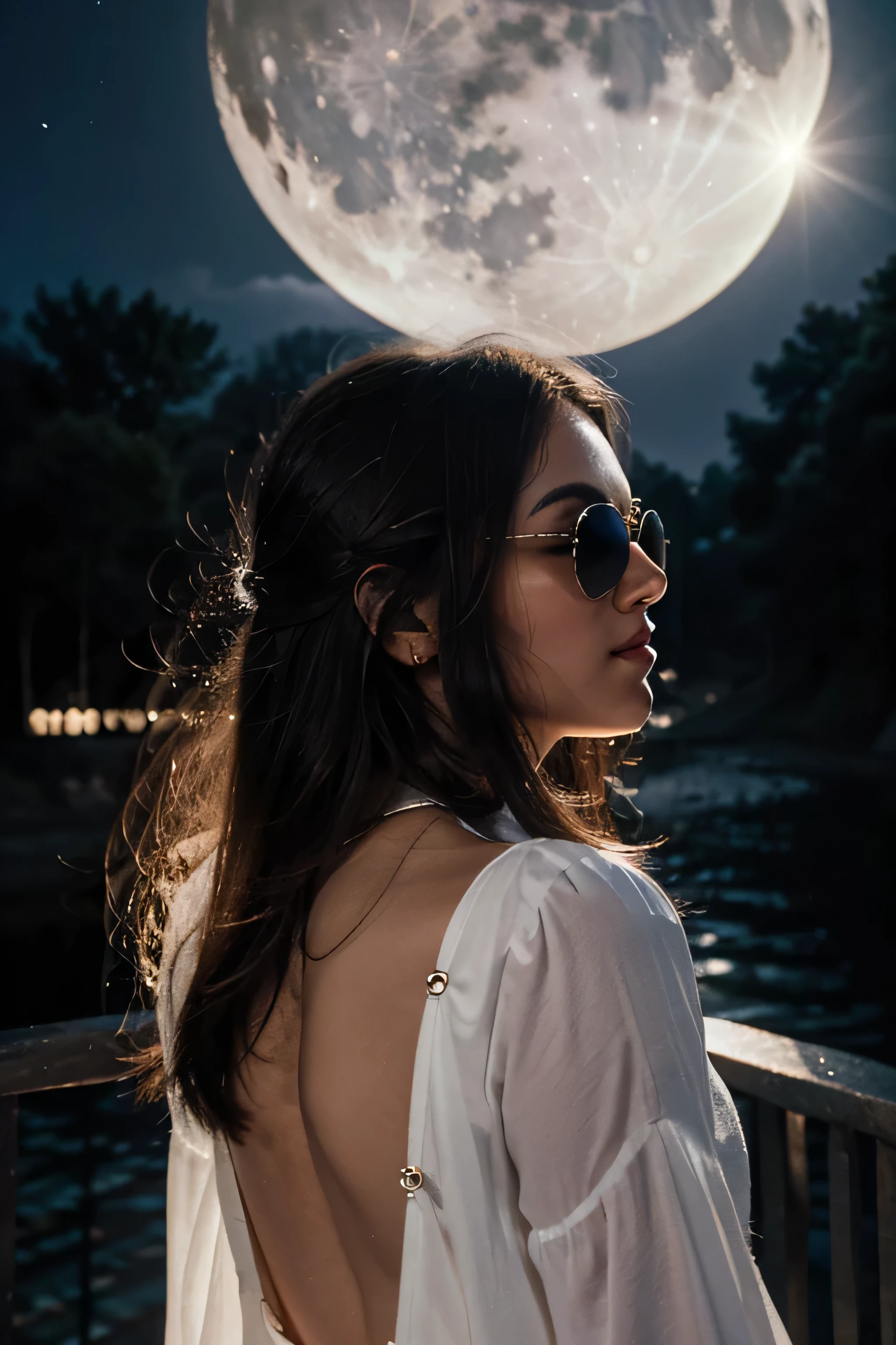 "The moon hangs high in the sky, its white brilliance a stark contrast to the darkness that surrounds it. Its presence happy girl with sunglasses back view brings a sense of peace and wonder to the world below."