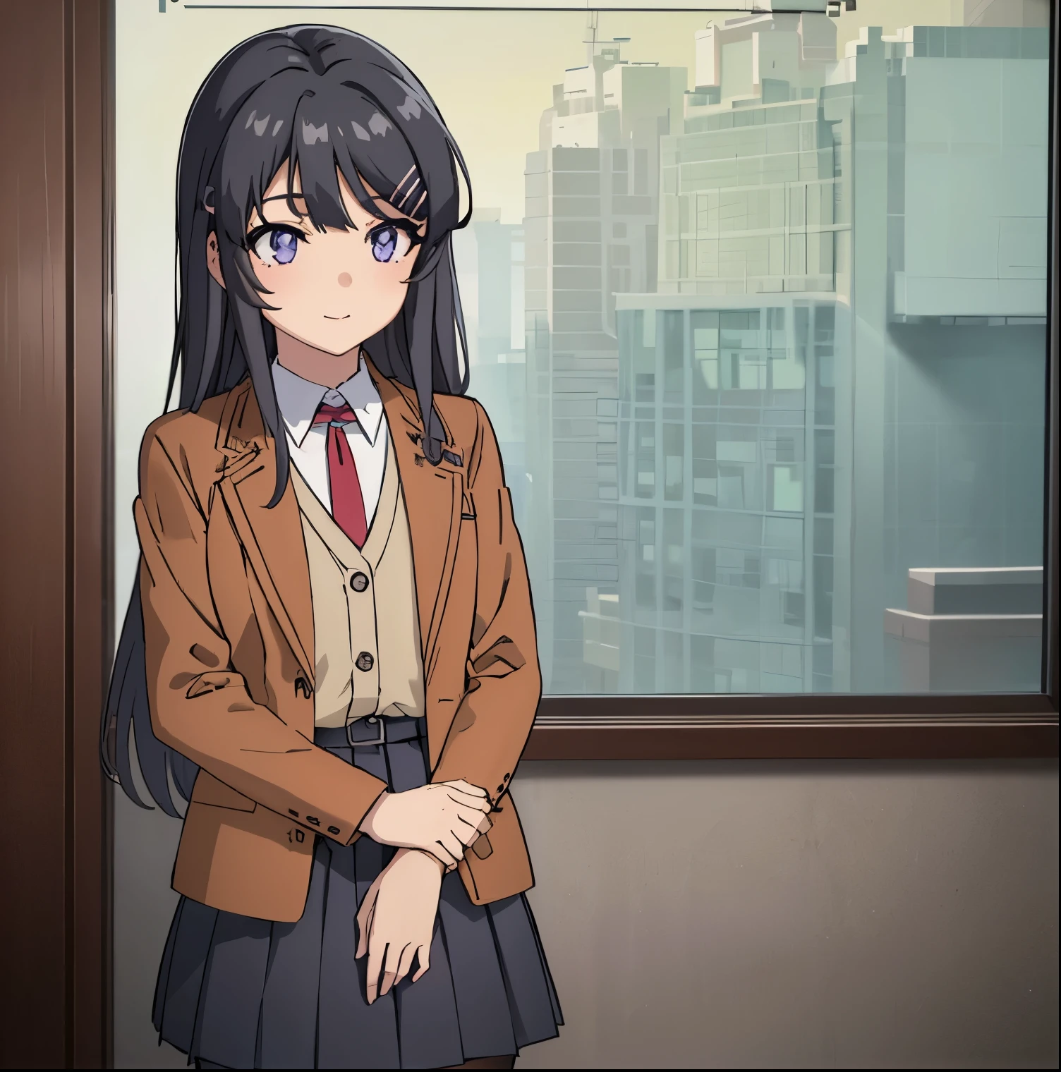 1girl,alone,sakurajima mai, long hair, bangs, (black hair:1.5), hair ornament, (purple eyes:1.2), hairclip, rabbit hair ornament, smile,
BREAK skirt, shirt, school uniform, white shirt, short sleeves, pantyhose, pleated skirt, collared shirt, blue skirt, black pantyhose, red necktie, jacket, (brown jacket:1.5), indoors, classroom, looking at viewer, (cowboy shot:1.5), (masterpiece:1.2), best quality, high resolution, unity 8k wallpaper, (illustration:0.8), (beautiful detailed eyes:1.6), extremely detailed face, perfect lighting, extremely detailed CG, (perfect hands, perfect anatomy),