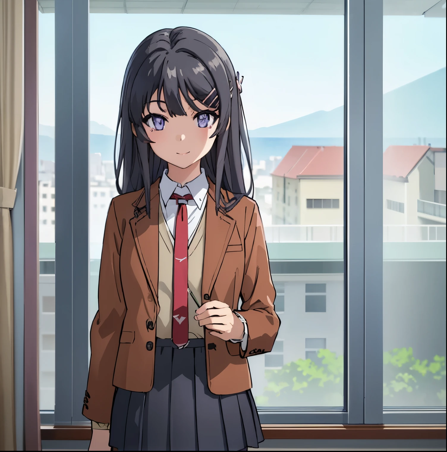 1girl,alone,sakurajima mai, long hair, bangs, (black hair:1.5), hair ornament, (purple eyes:1.2), hairclip, rabbit hair ornament, smile,
BREAK skirt, shirt, school uniform, white shirt, short sleeves, pantyhose, pleated skirt, collared shirt, blue skirt, black pantyhose, red necktie, jacket, (brown jacket:1.5), indoors, classroom, looking at viewer, (cowboy shot:1.5), (masterpiece:1.2), best quality, high resolution, unity 8k wallpaper, (illustration:0.8), (beautiful detailed eyes:1.6), extremely detailed face, perfect lighting, extremely detailed CG, (perfect hands, perfect anatomy),