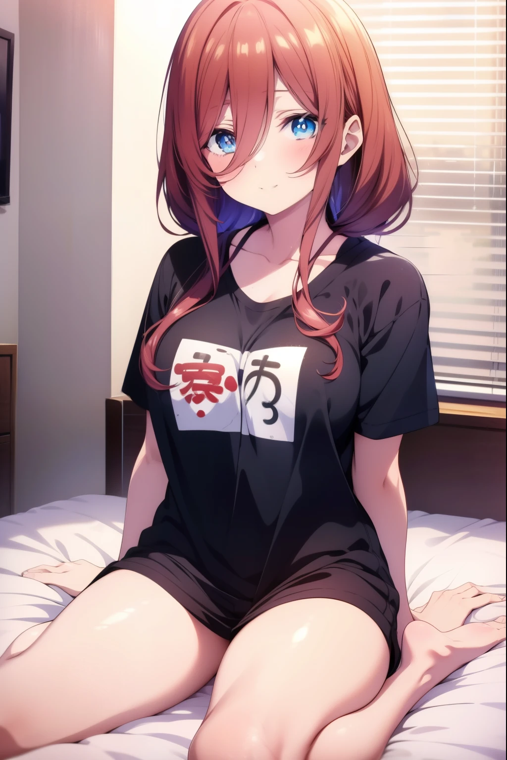 miku nakano, Nakano Miku Ticket III, long hair, bangs, blue eyes, brown hair, hair between eyes, Wake up,sleepy,T-shirt slightly open,black string pants,barefoot,smile，Bedroom，light goes out， covered with a blanket， windows，ロマンチックなmorning日,morning,extreme light，sitting on the bed,
break indoors, Bedroom, 
break (masterpiece:1.2), highest quality, High resolution, unity 8k wallpaper, (shape:0.8), (beautiful and detailed eyes:1.6), highly detailed face, perfect lighting, Very detailed CG, (perfect hands, perfect anatomy),