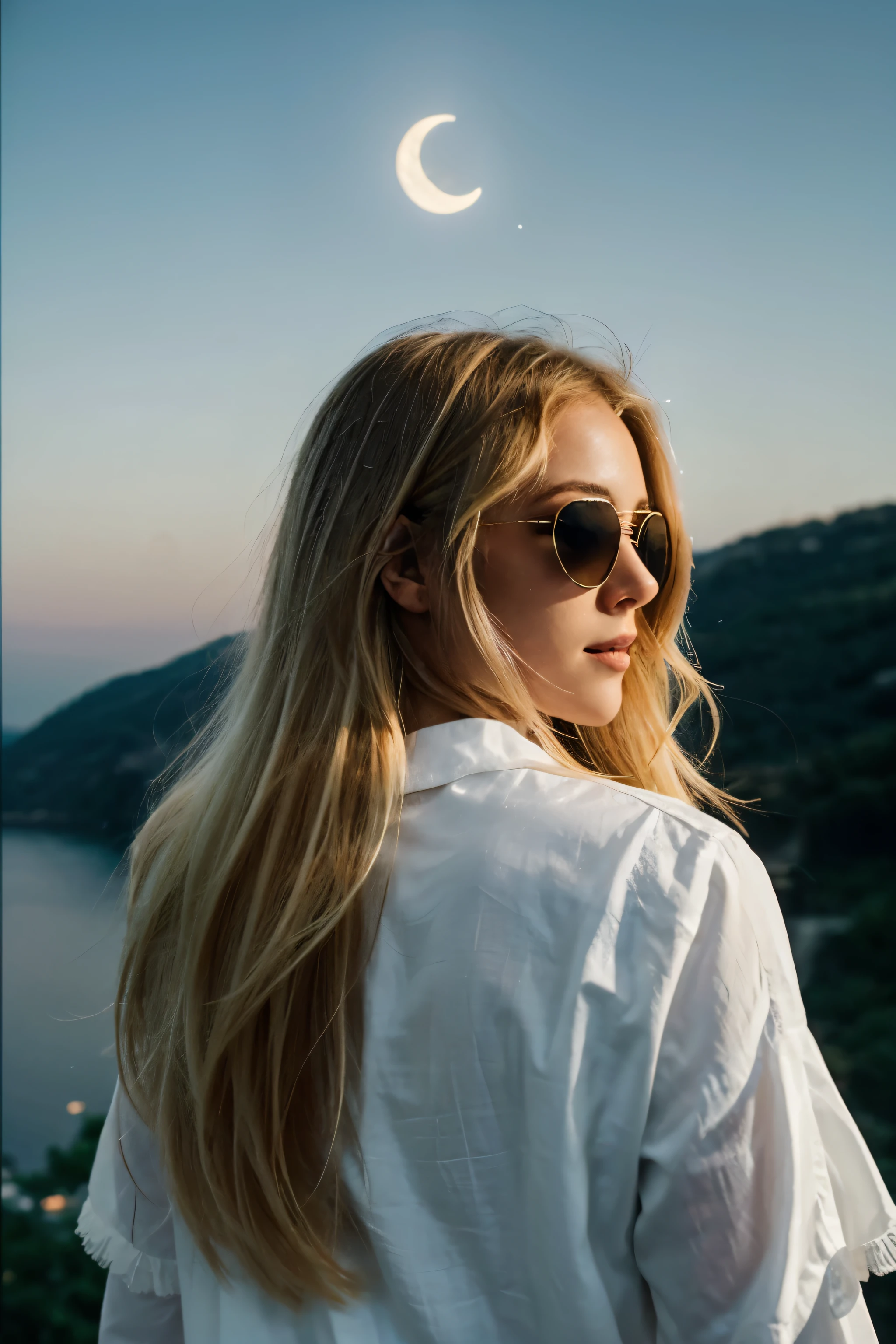 "The moon hangs high in the sky, its white brilliance a stark contrast to the darkness that surrounds it. Its presence happy girl blonde hair with sunglasses back view brings a sense of peace and wonder to the world below."