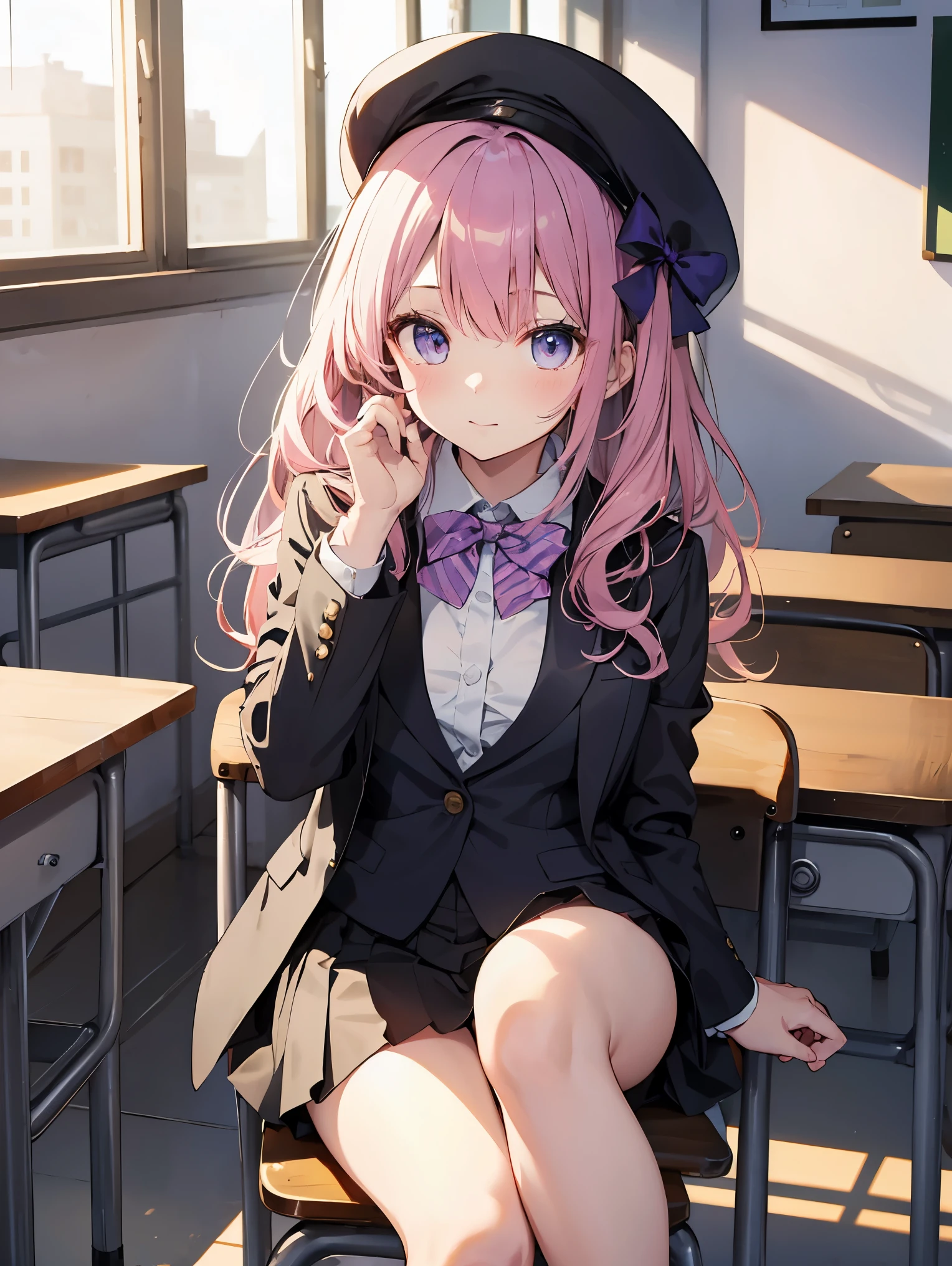 細部に至るまinの傑作、highest quality、realistic、1 girl、solo、18-year-old、Looks about 5 years old、140cm beautiful girl、、5 year old baby face、Silky hair、Gradient bob in the forward、金hairと茶色のメッシュ、big vertical eyes、Outstanding looks、cute 、proximity、closed_mouth、laughter、blush、恥ずかしさinいっぱい、beret、pink bow tie、Branded uniforms、 青いblazer、blazer、pleated skirt、gray skirt、silk blouse、white blouse、feet、black tights、sit on top、classroom、hair_ornament、looking for_in_viewer、beiniful detailed eyes、realistic目、tights on、Not clear、professional effects、Not clear、enhanced elegance、Really ridiculous cuteness、cute、bold action