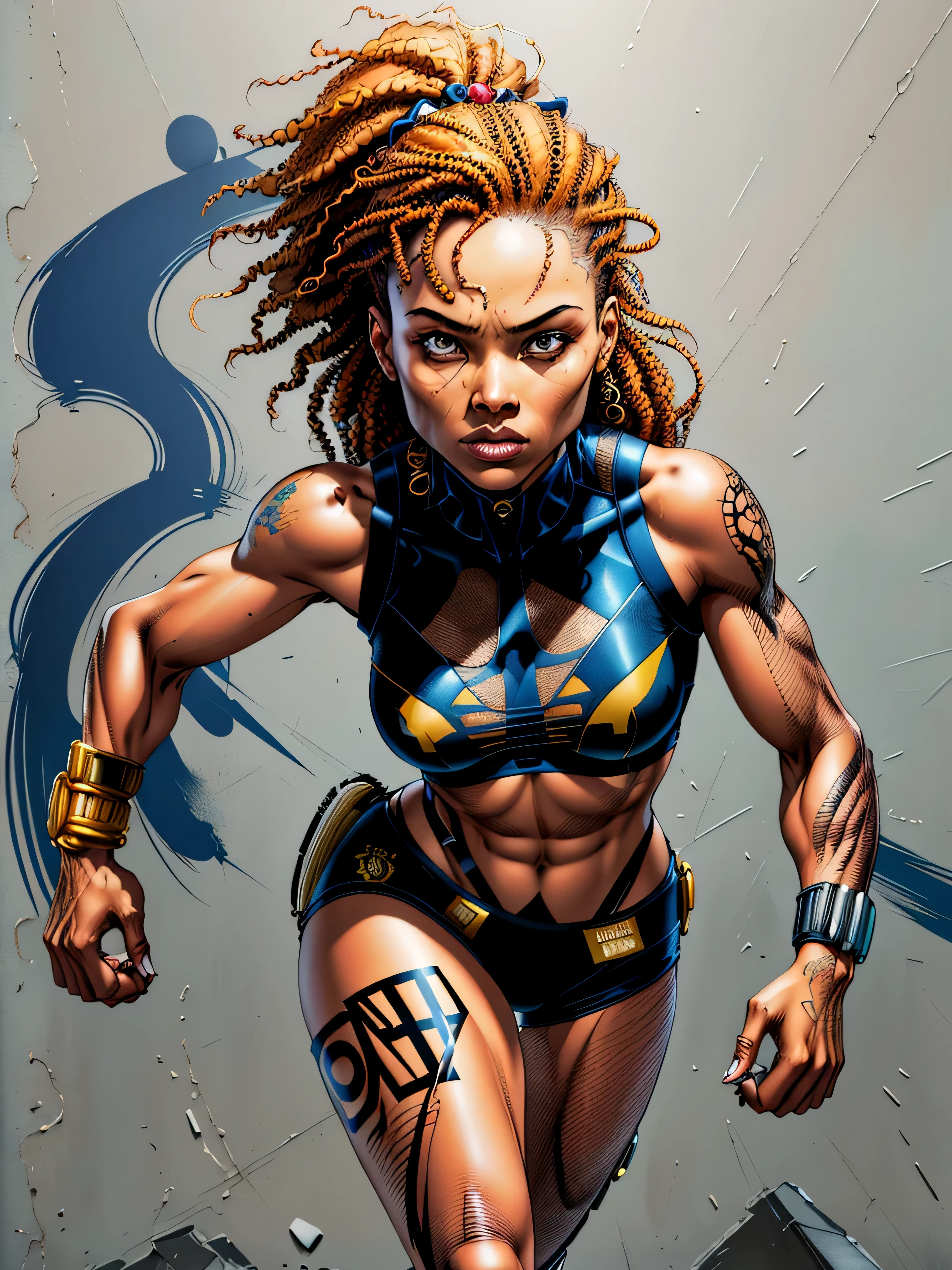Craft an exquisite, high-resolution 4K masterpiece Draw a young caramel skin Woman with inked, outlined, masterpiece, best quality, highly detailed, 8k, sharp focus, rapper, detailed eyes, westcoast, hip-hop street art style, graffiti, wearing dynamic angle, dynamic pose, wearing streetwear Designer Outfit, 8K resolution concept art, realism,The piece should be available in HD, Ultra HD, and 4K resolutions. Finally, to add a dramatic effect, Mutant Powers