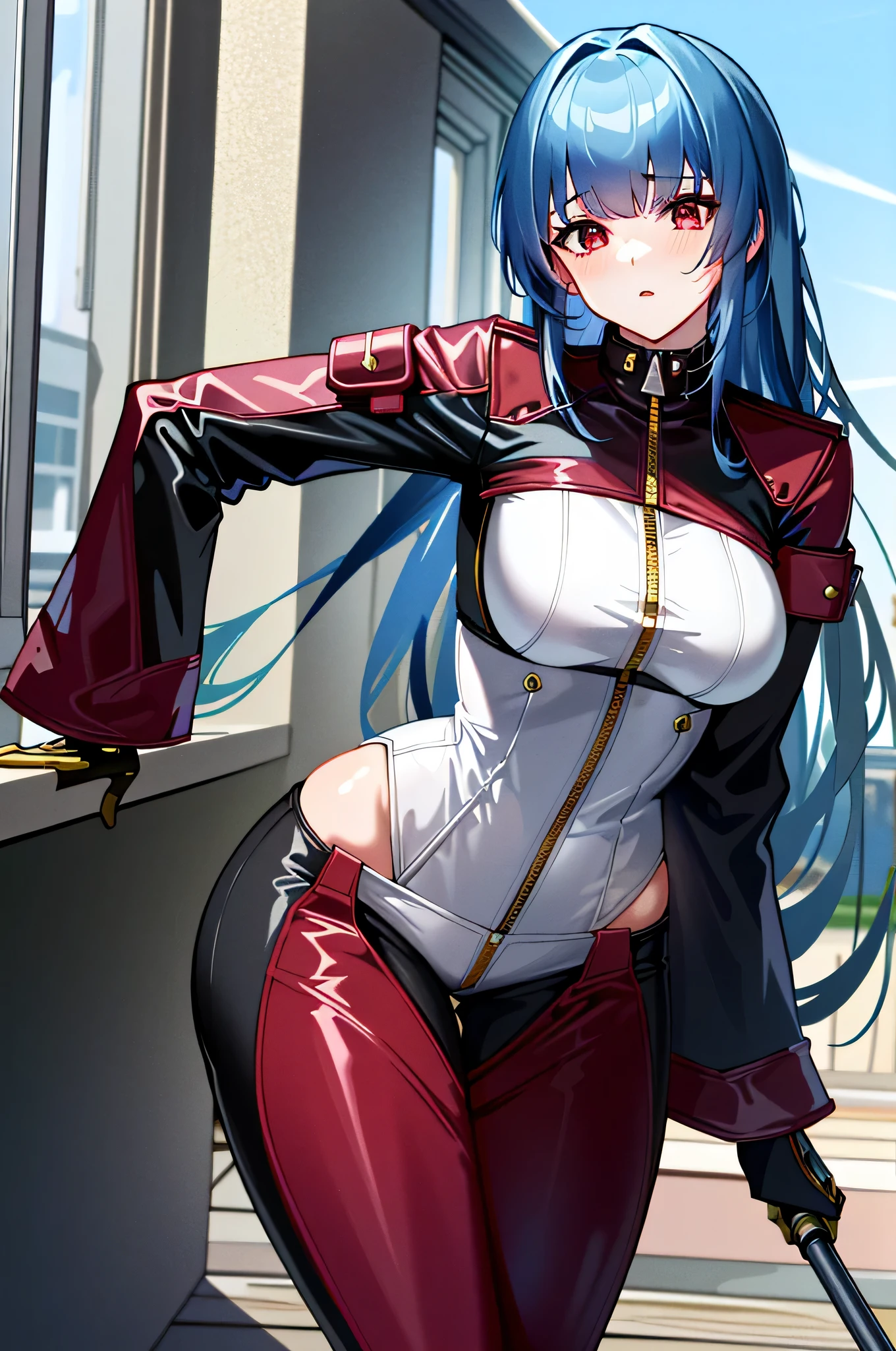 ((ultra detailed, masterpiece, absurdres)) KOFKulaD, 1girl, long hair, blue hair, red eyes, bangs,Red wine, bodysuit, gloves, zipper, overlooking the classroom from a rooftop, chic outfit, standing
