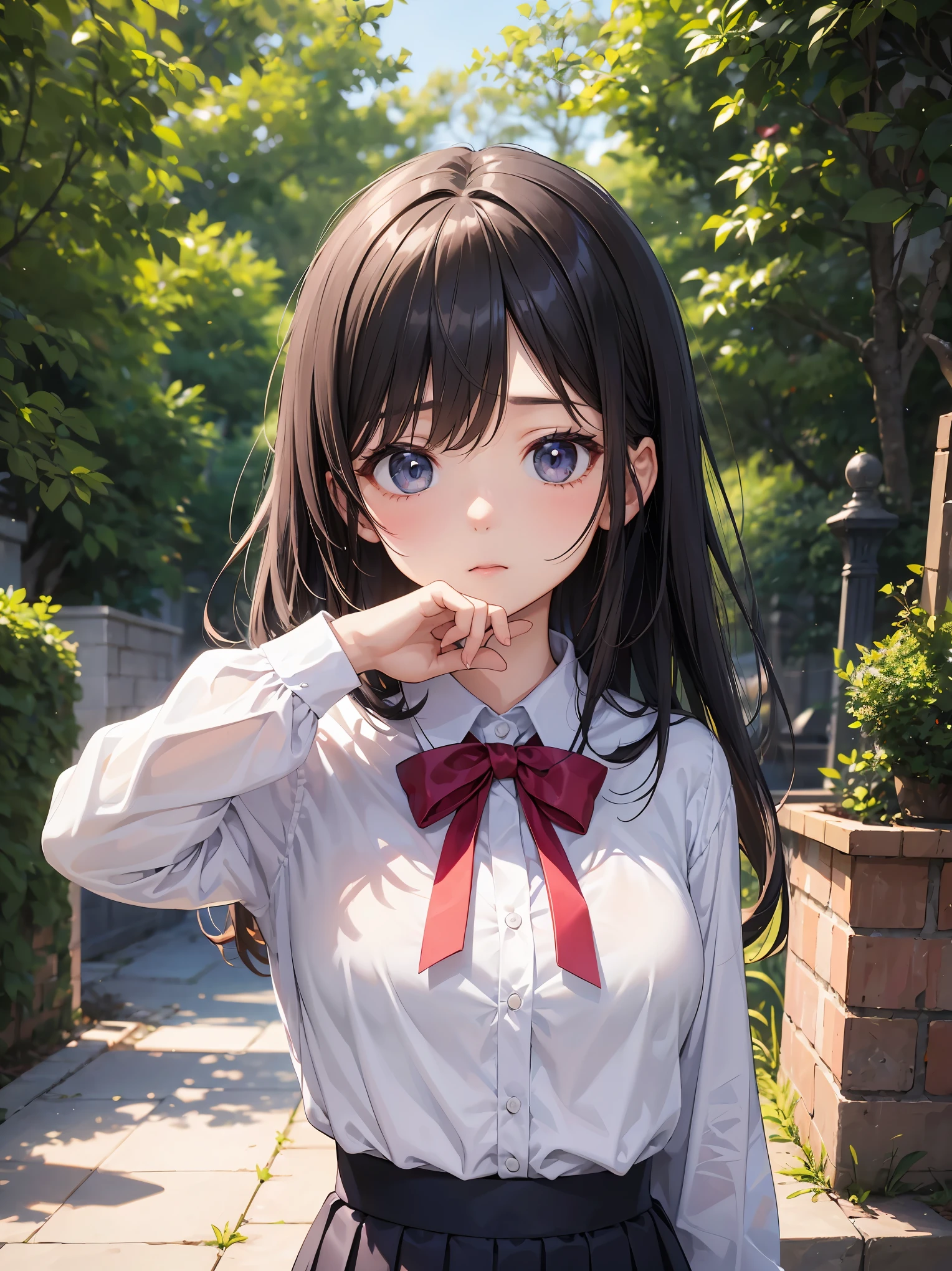 1girl in、The shirt、skirt by the、()、Putting up with、In the midst of patience、Upper body portrait、