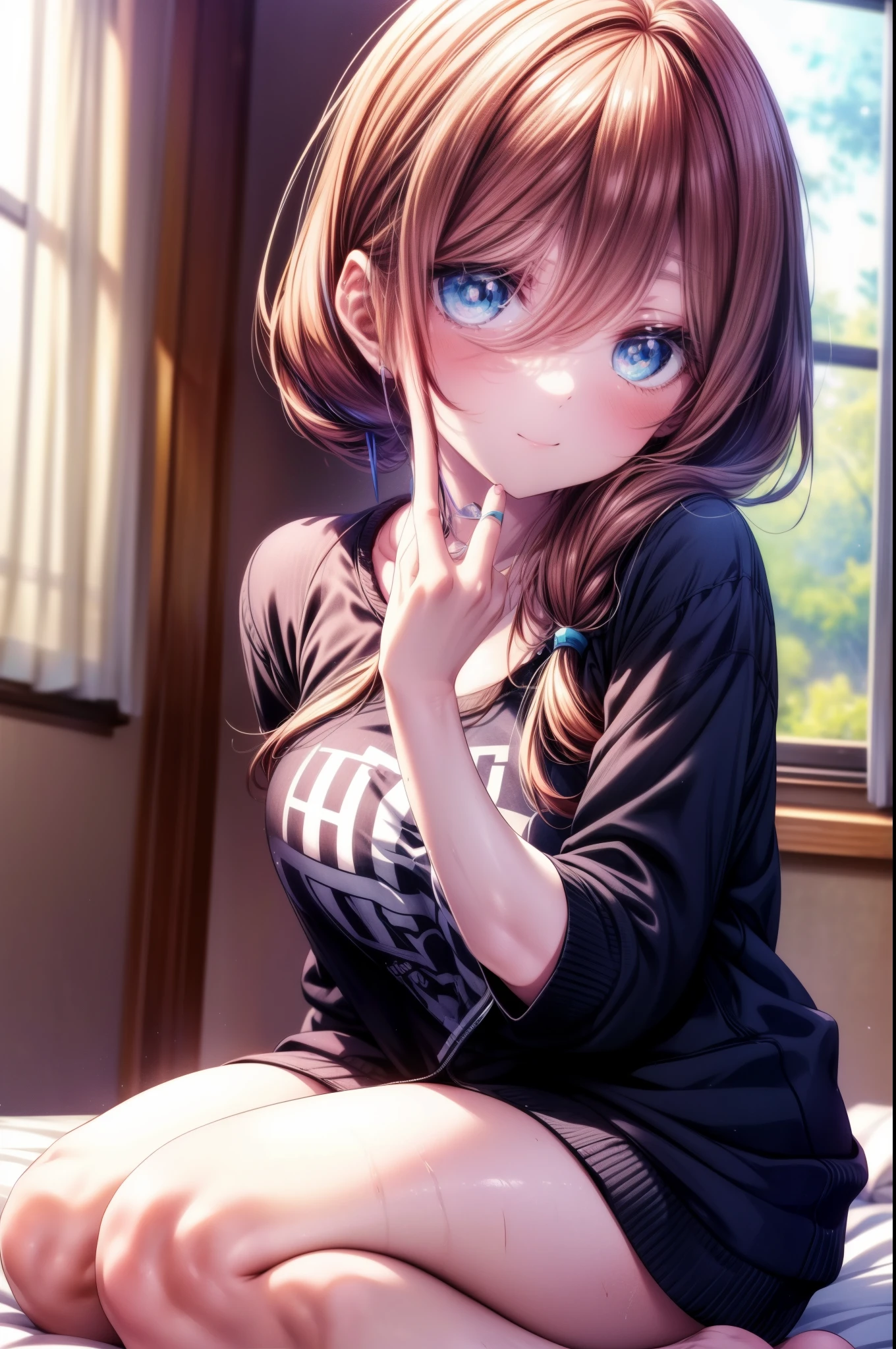 miku nakano, Nakano Miku Ticket III, long hair, bangs, blue eyes, brown hair, hair between eyes, Wake up,sleepy,T-shirt slightly open,black string pants,barefoot,smile，Bedroom， covered with a blanket， windows，ロマンチックなmorning日,morning,extreme light，sitting on the bed,
break indoors, Bedroom, 
break (masterpiece:1.2), highest quality, High resolution, unity 8k wallpaper, (shape:0.8), (beautiful and detailed eyes:1.6), highly detailed face, perfect lighting, Very detailed CG, (perfect hands, perfect anatomy),
