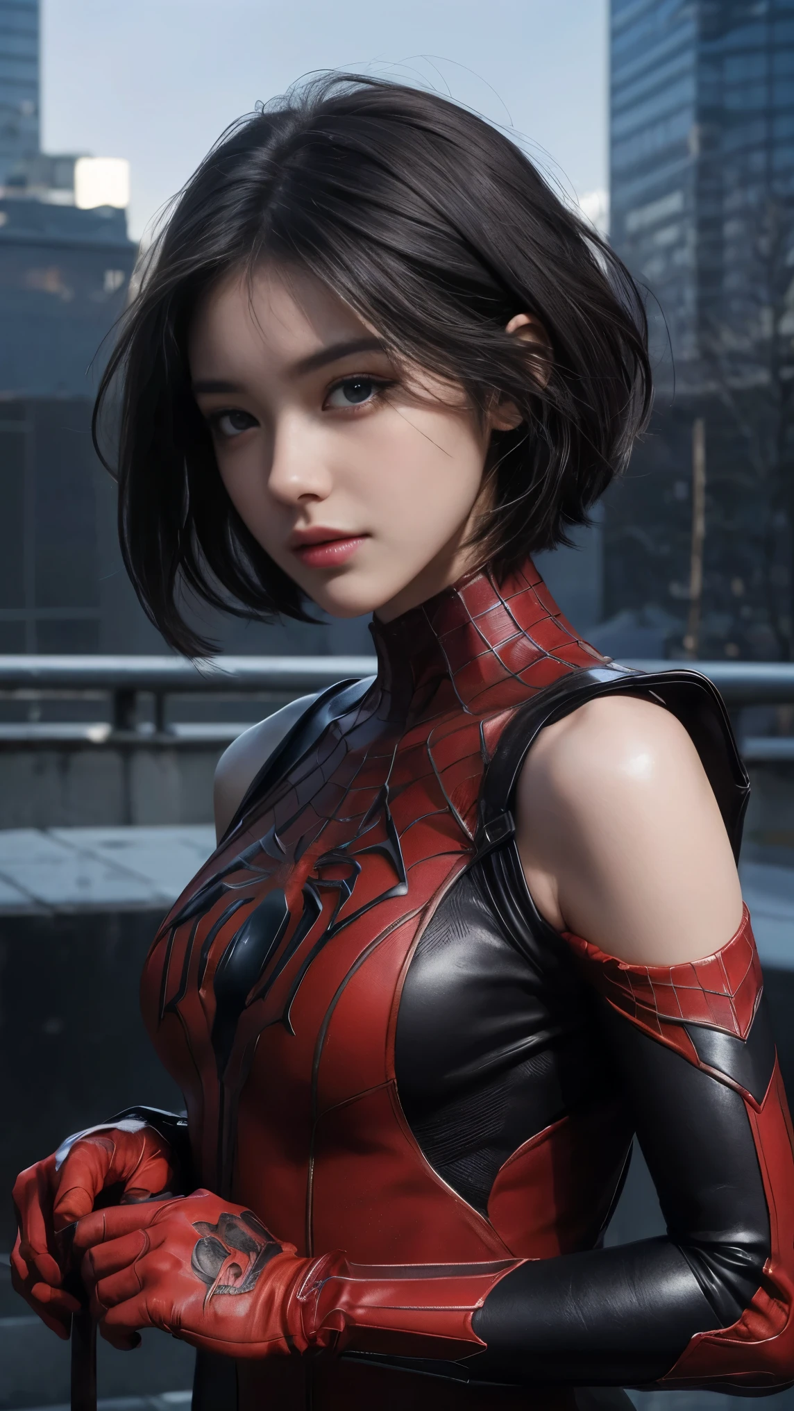 (1 girl:1.3), alone, (((Very detailed face)))), ((highly detailed eyes and face)))), beautifulディテールの目, body parts__, official art, unified 8k wallpaper, Super detailed, beautiful and beautiful, beautiful, masterpiece, 最high quality, original, masterpiece, super detailed photo, 最high quality, ultra high resolution, realistic realism, sunlight, full body portrait, amazing beauty, dynamic pose, delicate face, lively eyes, (from the front), she's wearing a spiderman suit, red and black color scheme, Spider, Highly detailed city roof background, rooftop, overlook the city, detailed face, Detailed complex and busy background, Messy, nice, milky, highly detailed skin, realistic skin details, visible pores, clear focus, volumetric fog, 8k UHD, Digital single-lens reflex camera, high quality, film grain, Fair skin, photorealism, lomography, Futuristic dystopian megalopolis, translucent,black hair,short hair,short hair,cool woman,cool beauty,長身でbeautiful,