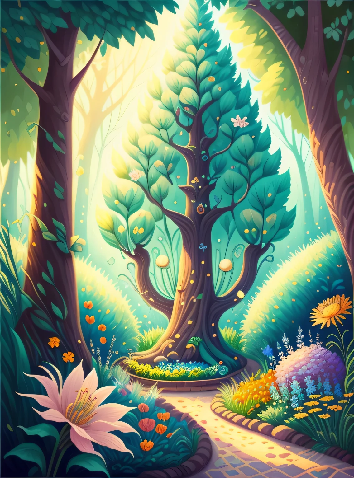 jardim de sonho, Trees, flores, Bonito, cabelos de cores claras, olhos azuis, teia, a fairy tale illustration, Uma obra-prima sob luz brilhante, arte deslumbrante! A arte da magia, arte de conto de fadas, arte inspiradora, obras de arte requintadas