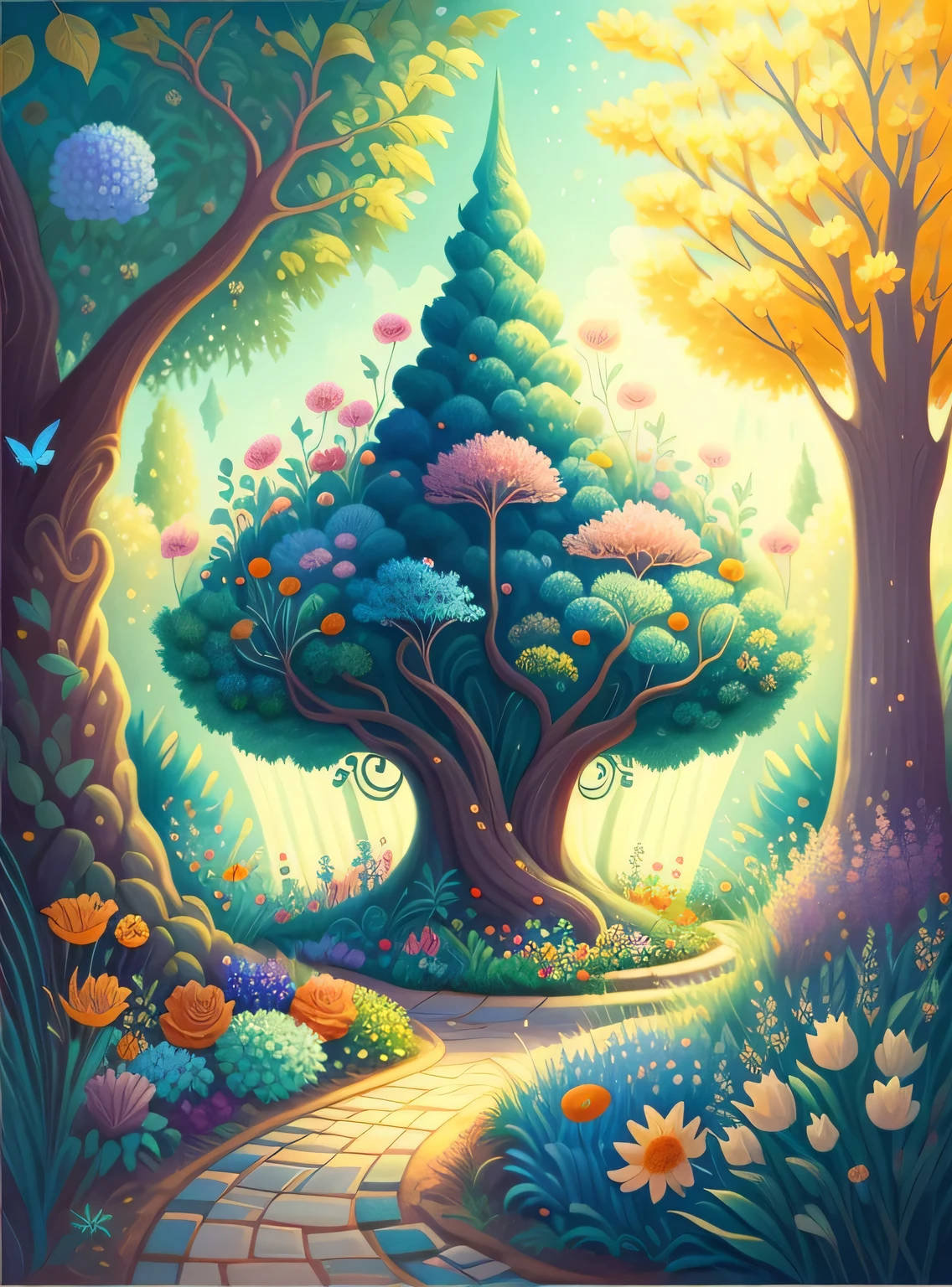 jardim de sonho, Trees, flores, Bonito, cabelos de cores claras, olhos azuis, teia, a fairy tale illustration, Uma obra-prima sob luz brilhante, arte deslumbrante! A arte da magia, arte de conto de fadas, arte inspiradora, obras de arte requintadas